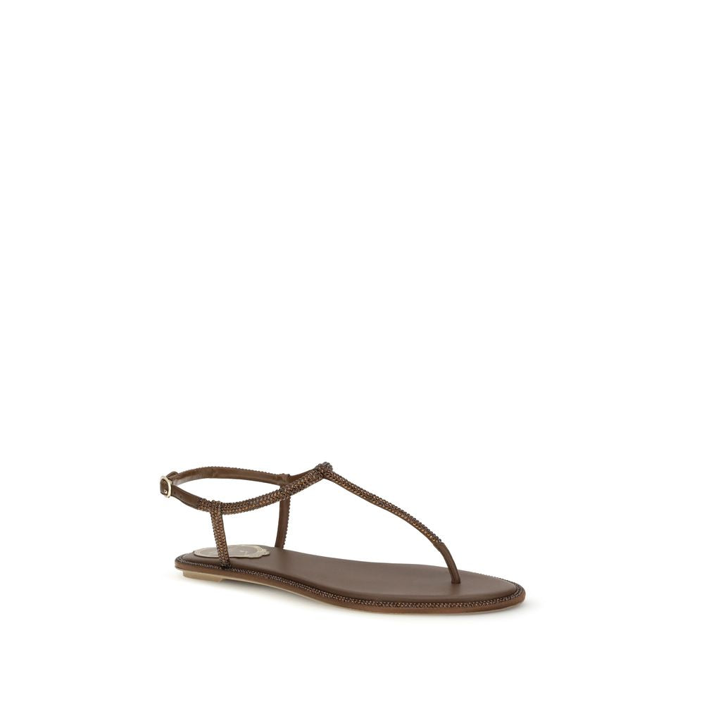 RENE CAOVILLA Brown Satin Flat Sandals - Exquisite Luxury Footwear
