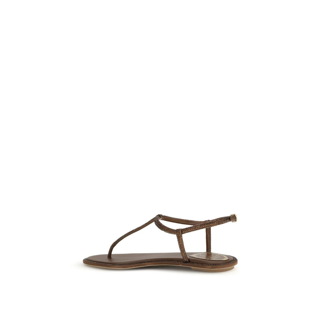 RENE CAOVILLA Brown Satin Flat Sandals - Elegant Luxury Footwear