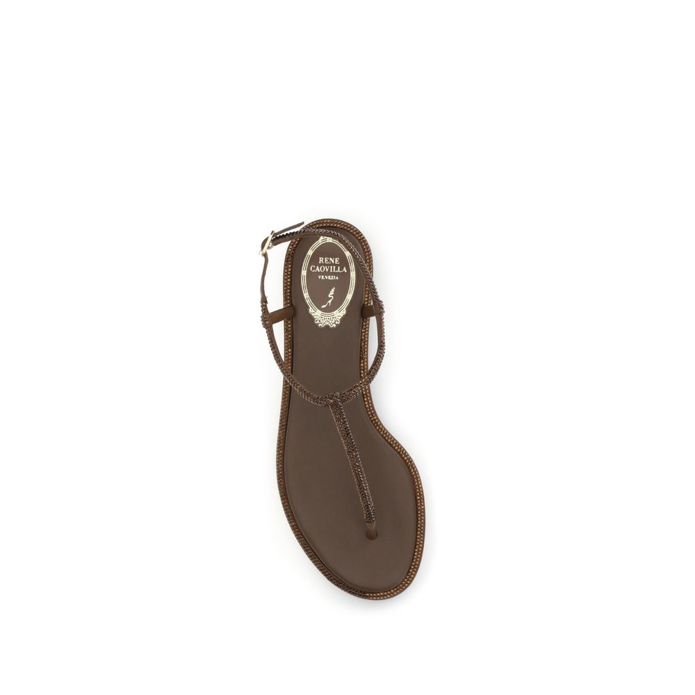 RENE CAOVILLA Brown Satin Flat Sandals - Exquisite Luxury Footwear