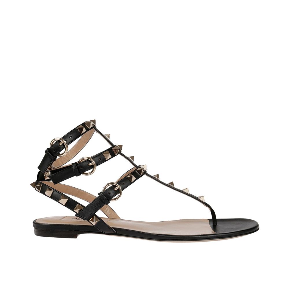 Valentino Garavani Black Calfskin Flat Sandals - Exquisite Luxury