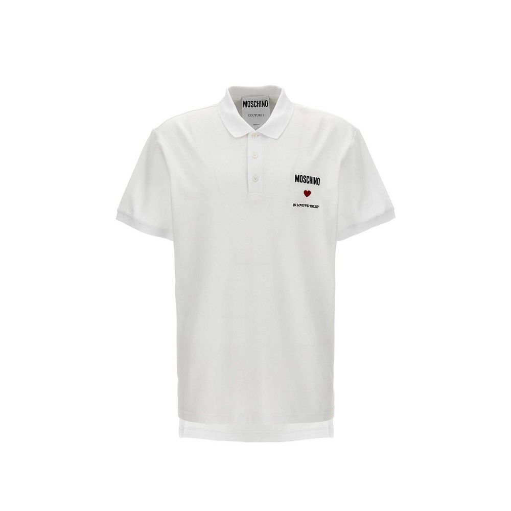 Elevate your wardrobe with the Moschino Couture White Cotton Polo Shirt, a masterpiece of 100% cotton craftsmanship that embodies timeless elegance and playful sophistication.
