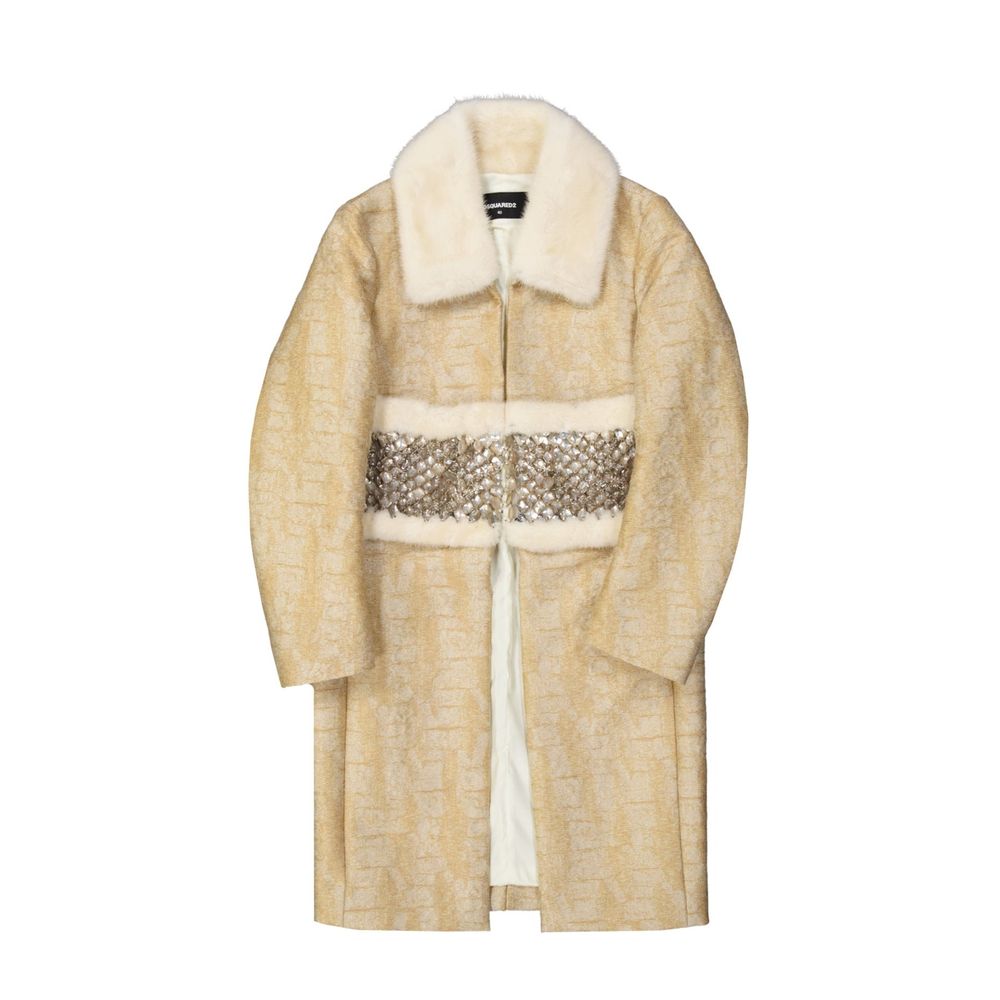 Elevate your wardrobe with the Dsquared² Beige Polyamide Coat, a masterpiece of Italian craftsmanship featuring a luxurious mink fur collar and elegant design for timeless sophistication.