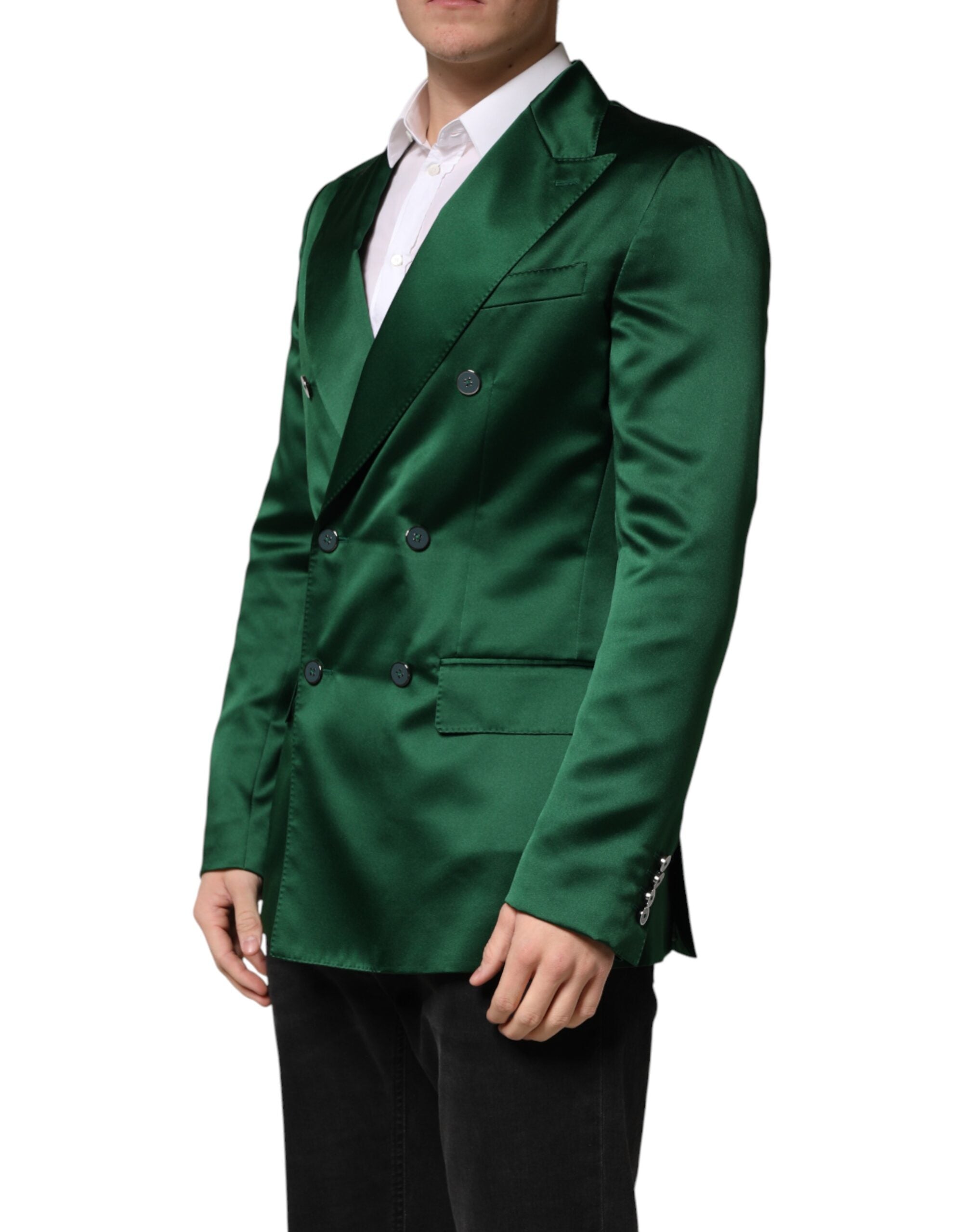 Indulge in the exquisite Dolce & Gabbana Green Satin Double Breasted Jacket Blazer, a masterpiece of Italian craftsmanship that redefines elegance for the discerning individual.
