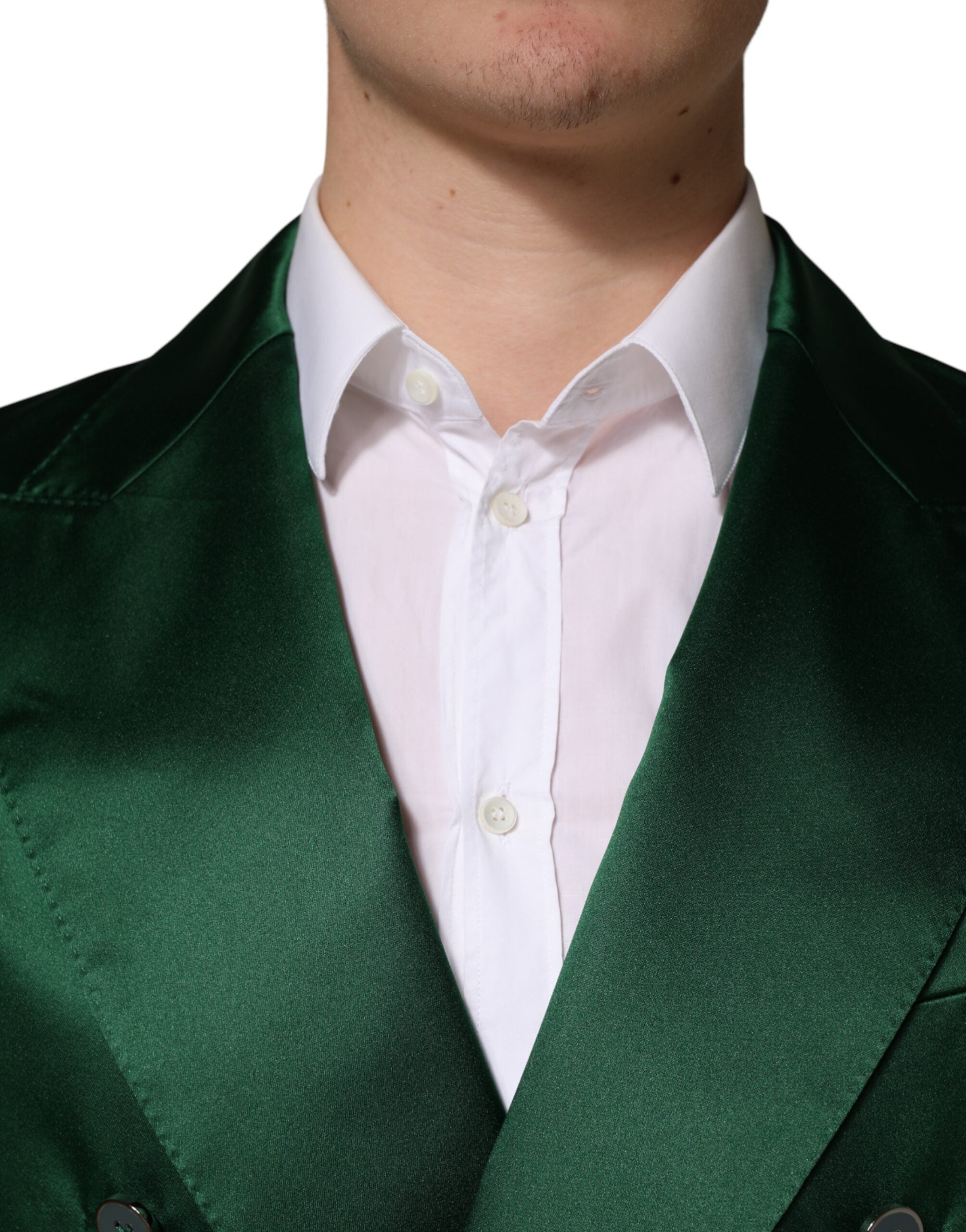 Experience the allure of the Dolce & Gabbana Green Satin Double Breasted Jacket Blazer, a masterpiece of Italian craftsmanship that redefines elegance and sophistication.