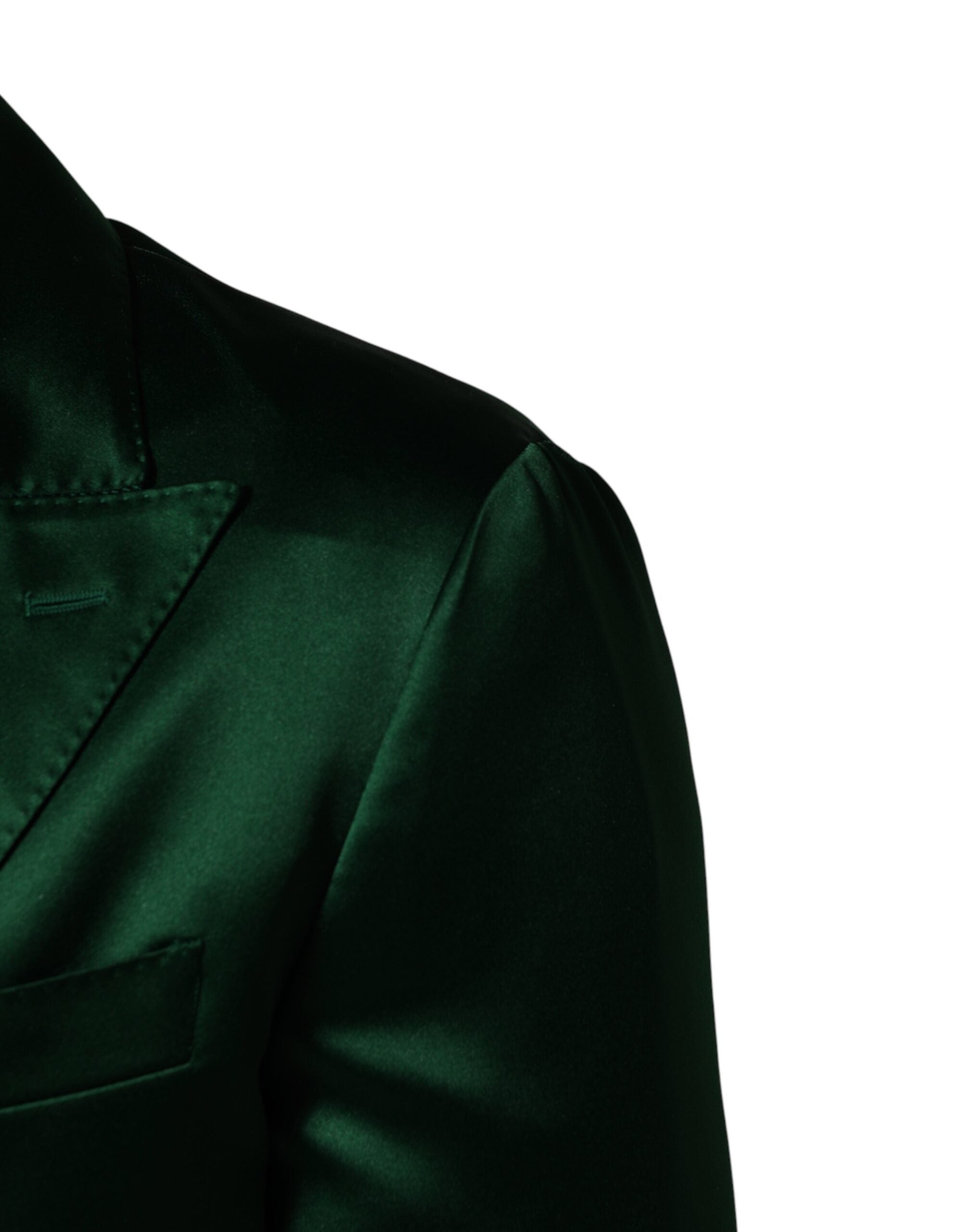 Elevate your wardrobe with the Dolce & Gabbana Green Satin Double Breasted Jacket Blazer, a masterpiece of Italian craftsmanship that embodies refined elegance and timeless sophistication.