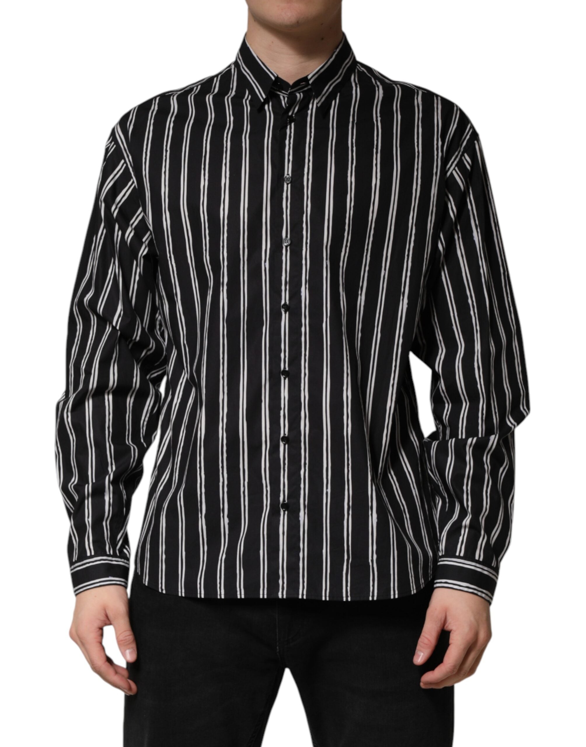 Indulge in the exquisite elegance of the Dolce & Gabbana Black Stripes Cotton Dress Shirt, a timeless masterpiece crafted in Italy, perfect for the discerning individual who embodies sophistication and style.