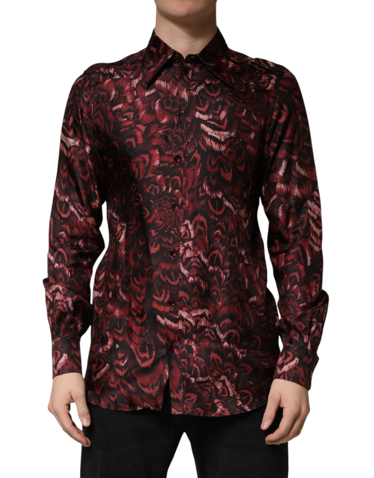 Indulge in the exquisite Dolce & Gabbana Bordeaux Patterned Collared Men Dress Shirt, crafted from luxurious silk in Italy, embodying timeless sophistication for discerning tastes.
