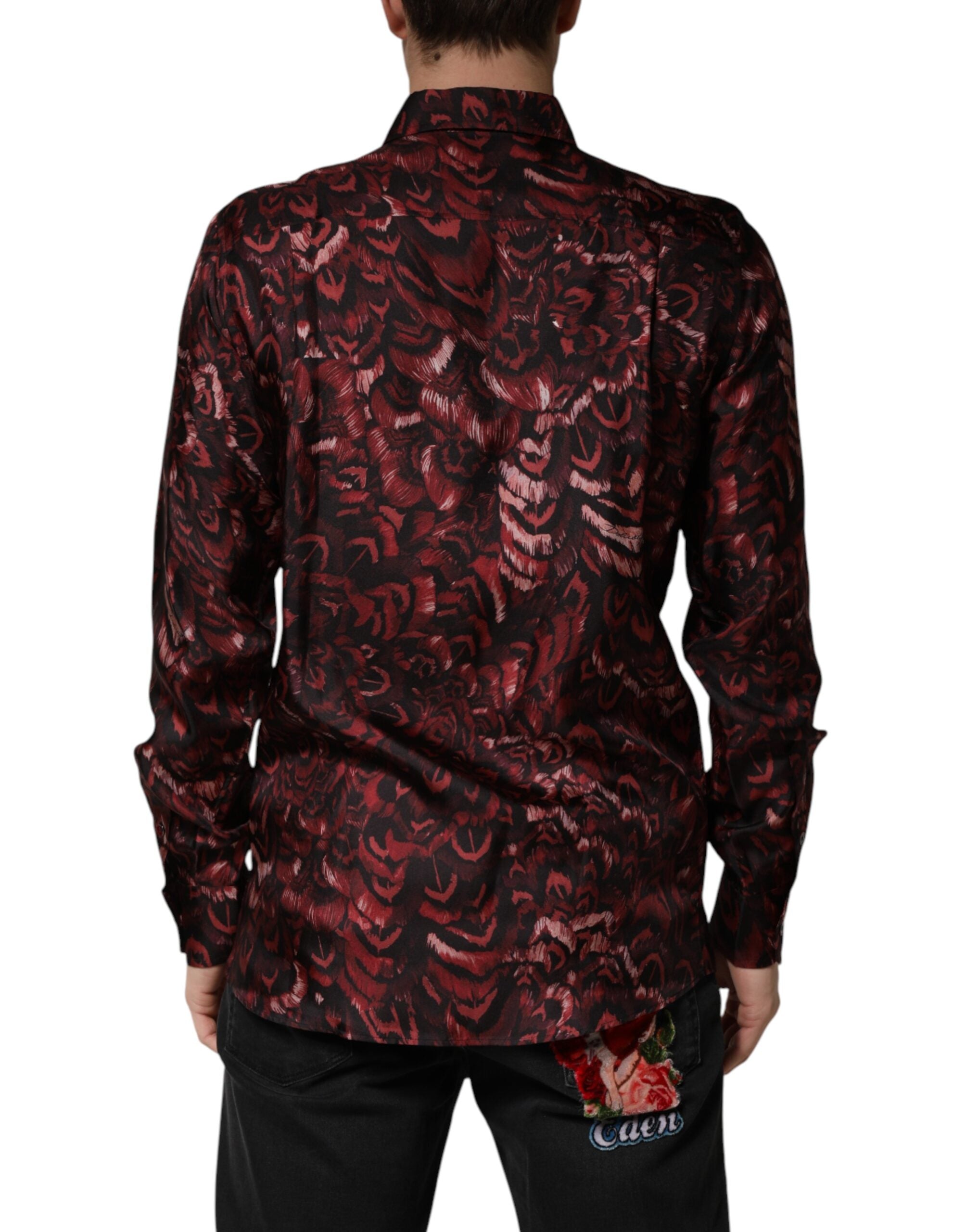 Discover the Dolce & Gabbana Bordeaux Patterned Collared Men Dress Shirt, a silk masterpiece that embodies sophistication and timeless elegance for the discerning individual.