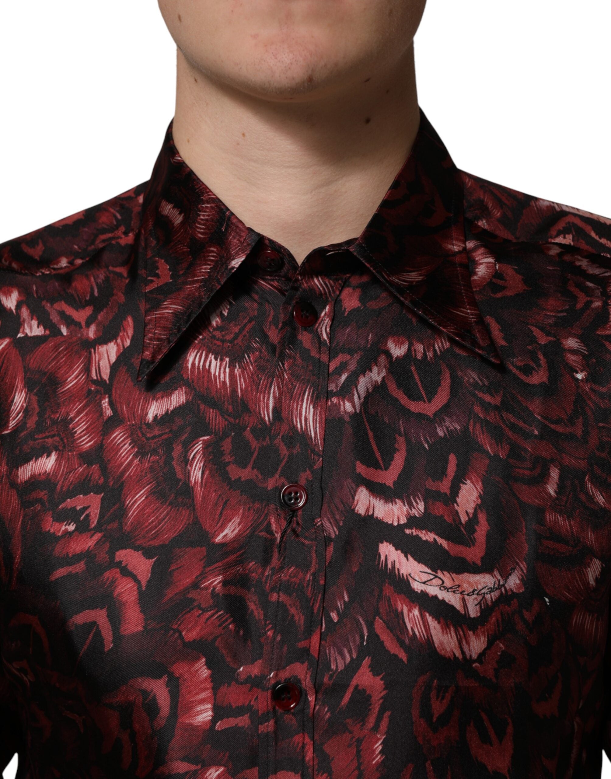 Indulge in the exquisite Dolce & Gabbana Bordeaux Patterned Collared Men Dress Shirt, crafted from luxurious silk in Italy, embodying timeless sophistication and elegance for the discerning individual.
