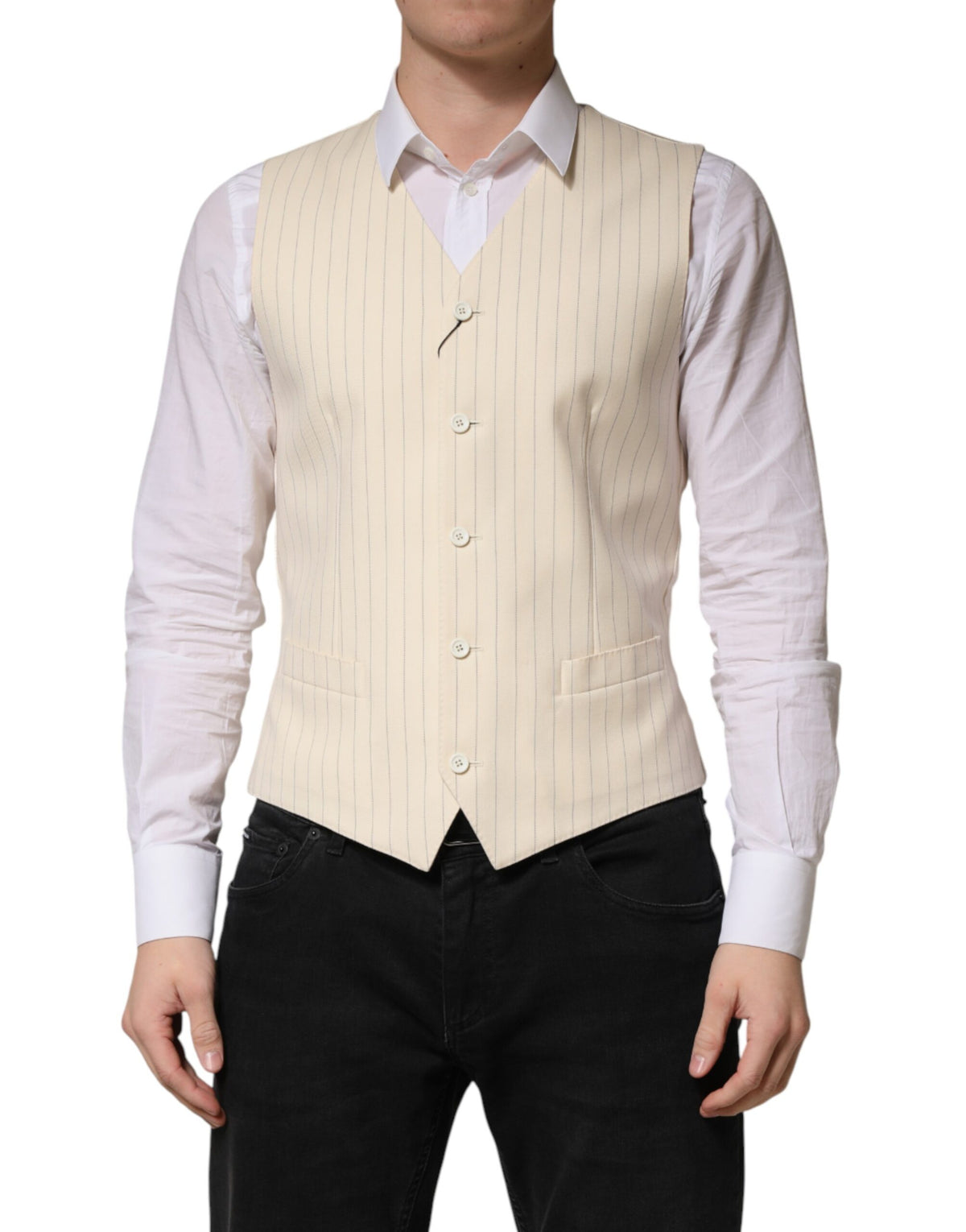 Elevate your wardrobe with the Dolce & Gabbana Beige Stripes Wool Dress Waistcoat Vest, a masterpiece of Italian craftsmanship in luxurious virgin wool, perfect for discerning tastes.