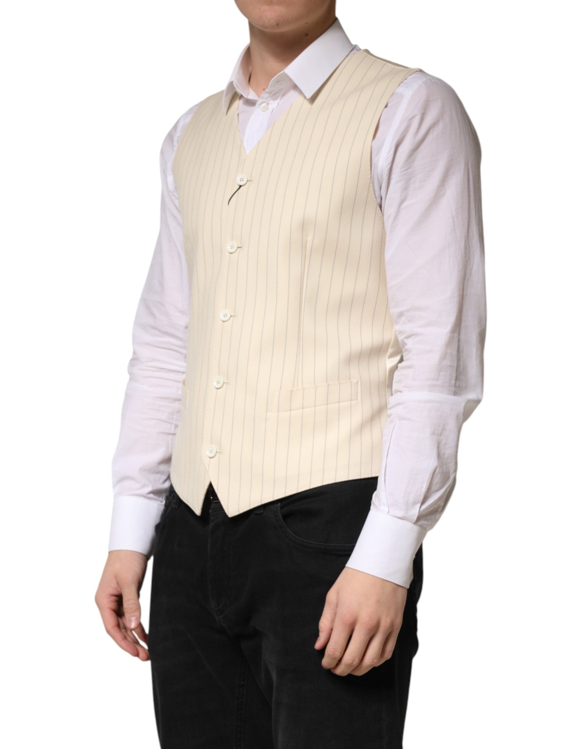 Elevate your wardrobe with the Dolce & Gabbana Beige Stripes Wool Dress Waistcoat, a masterpiece of Italian craftsmanship in luxurious virgin wool, perfect for sophisticated occasions.