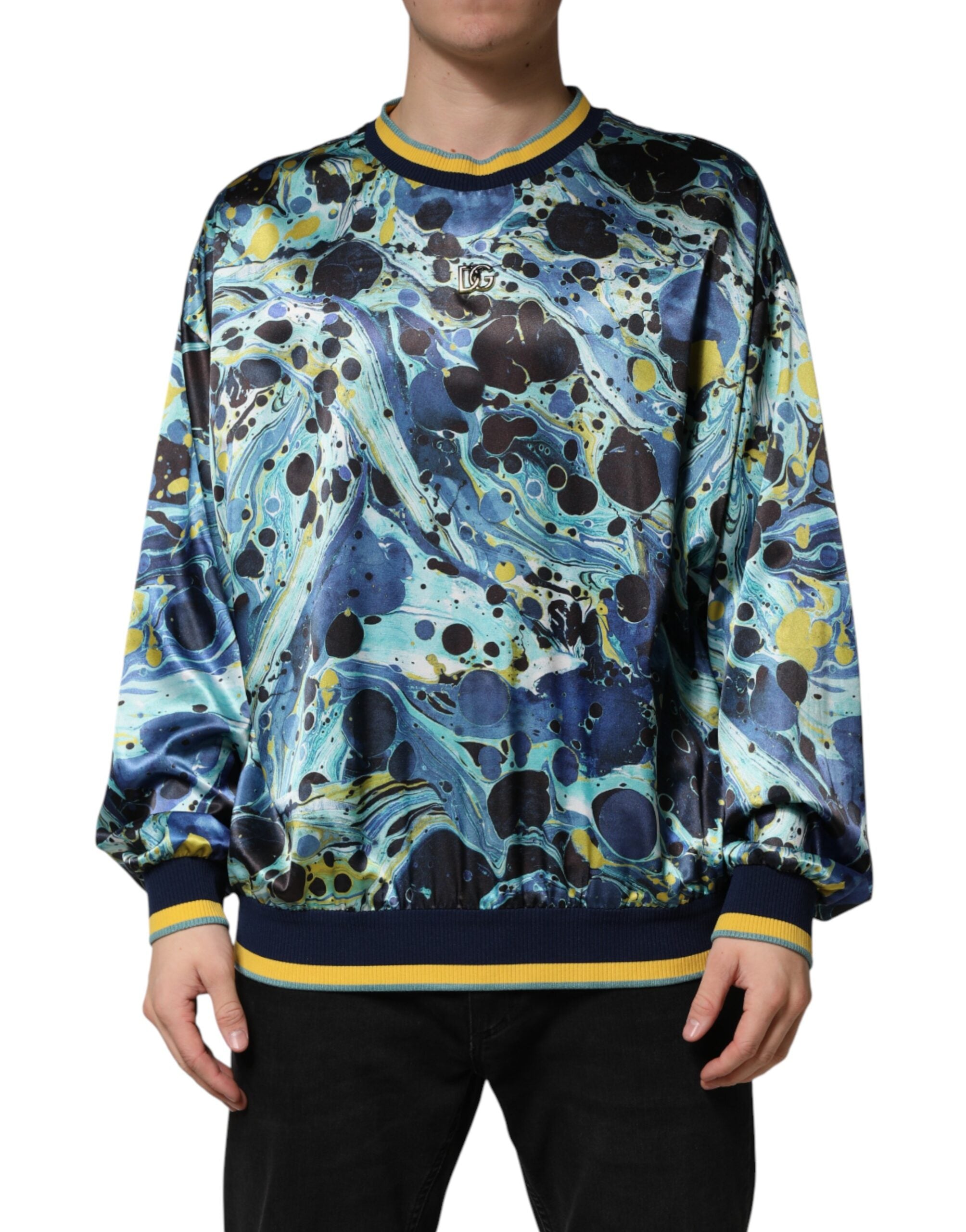 Indulge in the exquisite Dolce & Gabbana Multicolor Marble Print Pullover Sweater, a masterpiece of Italian craftsmanship that elevates your wardrobe with luxurious comfort and effortless elegance.
