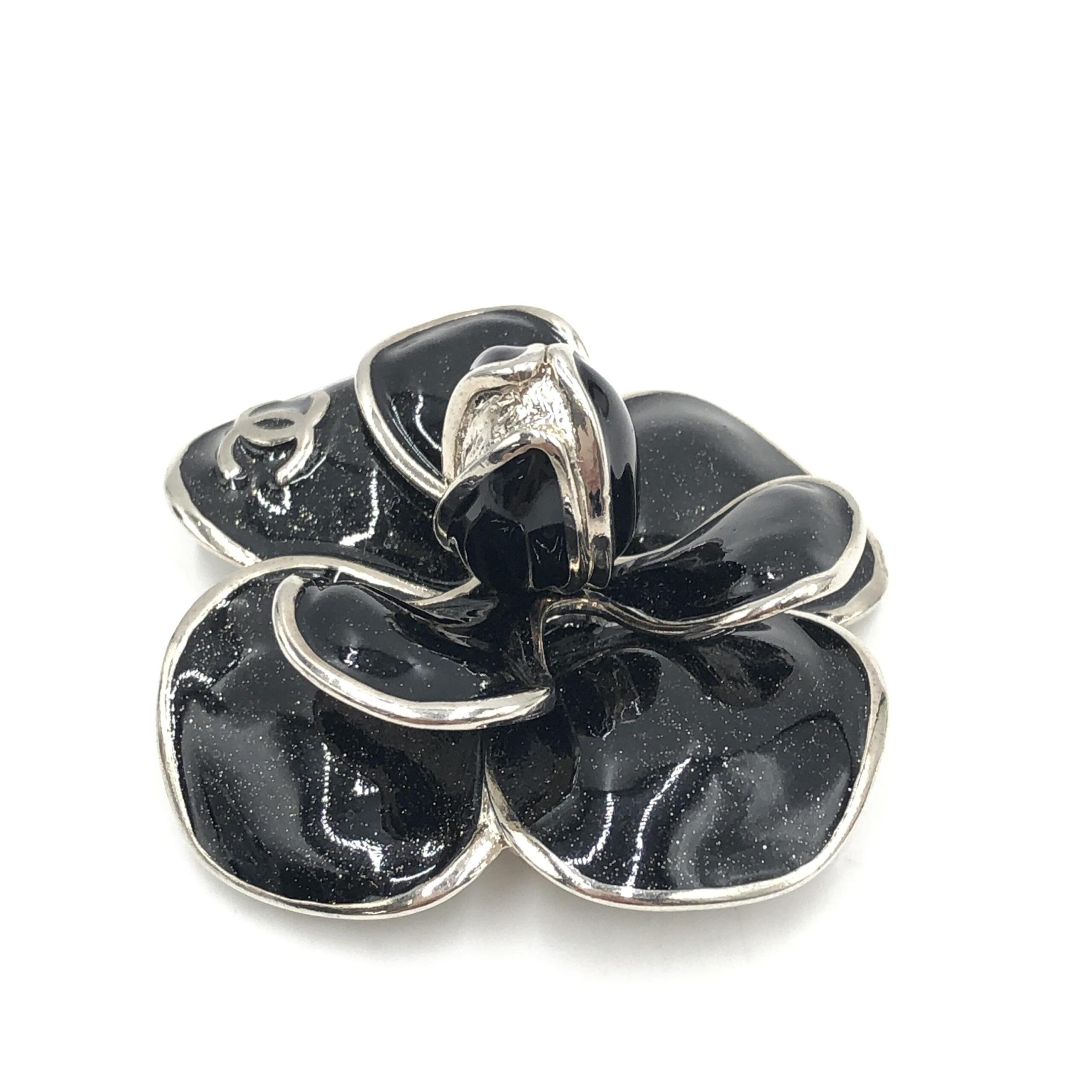 Chanel Black Enamel Flower Brooch With Silver-Tone