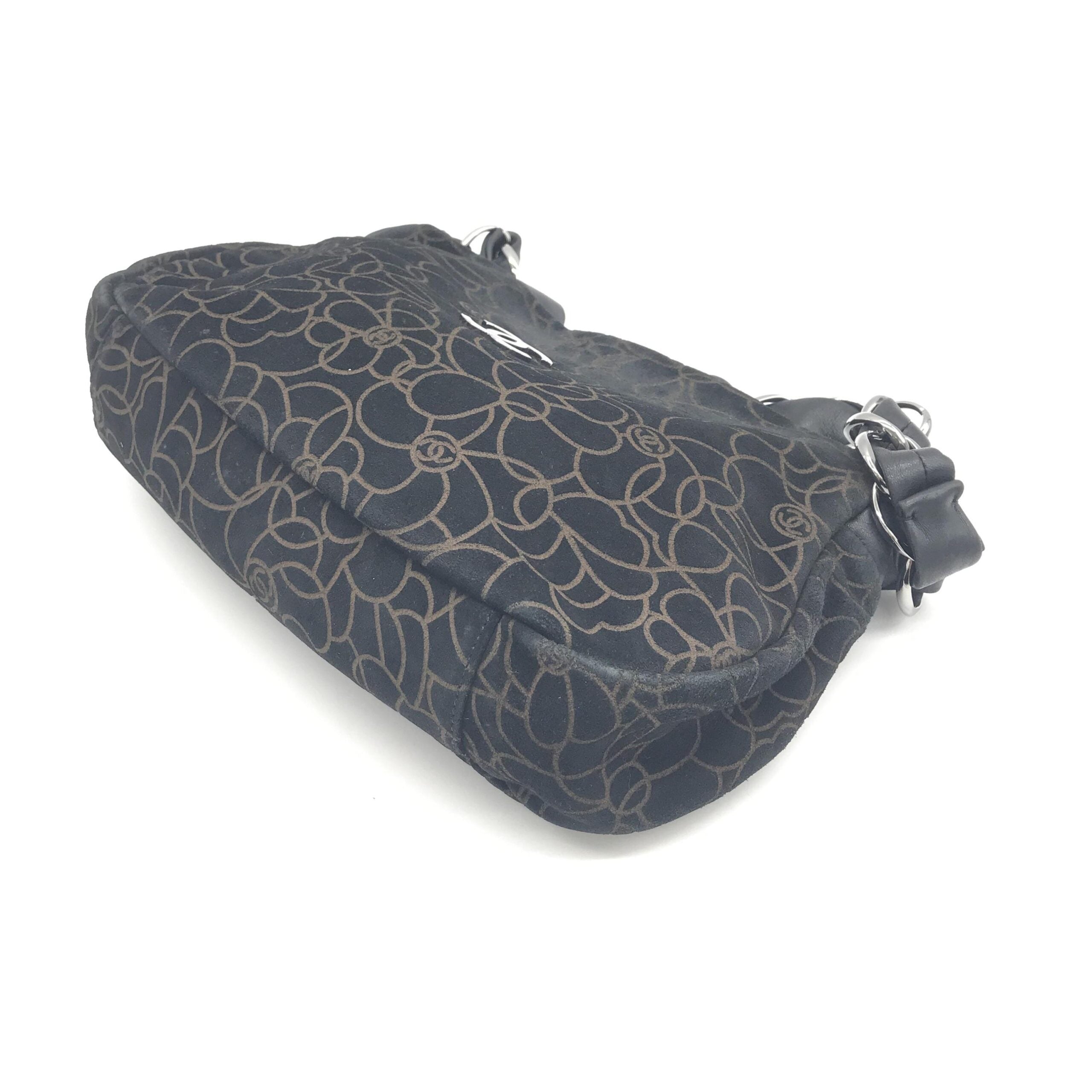 Chanel Camellia Chain Black Suede Shoulder Bag With Logo