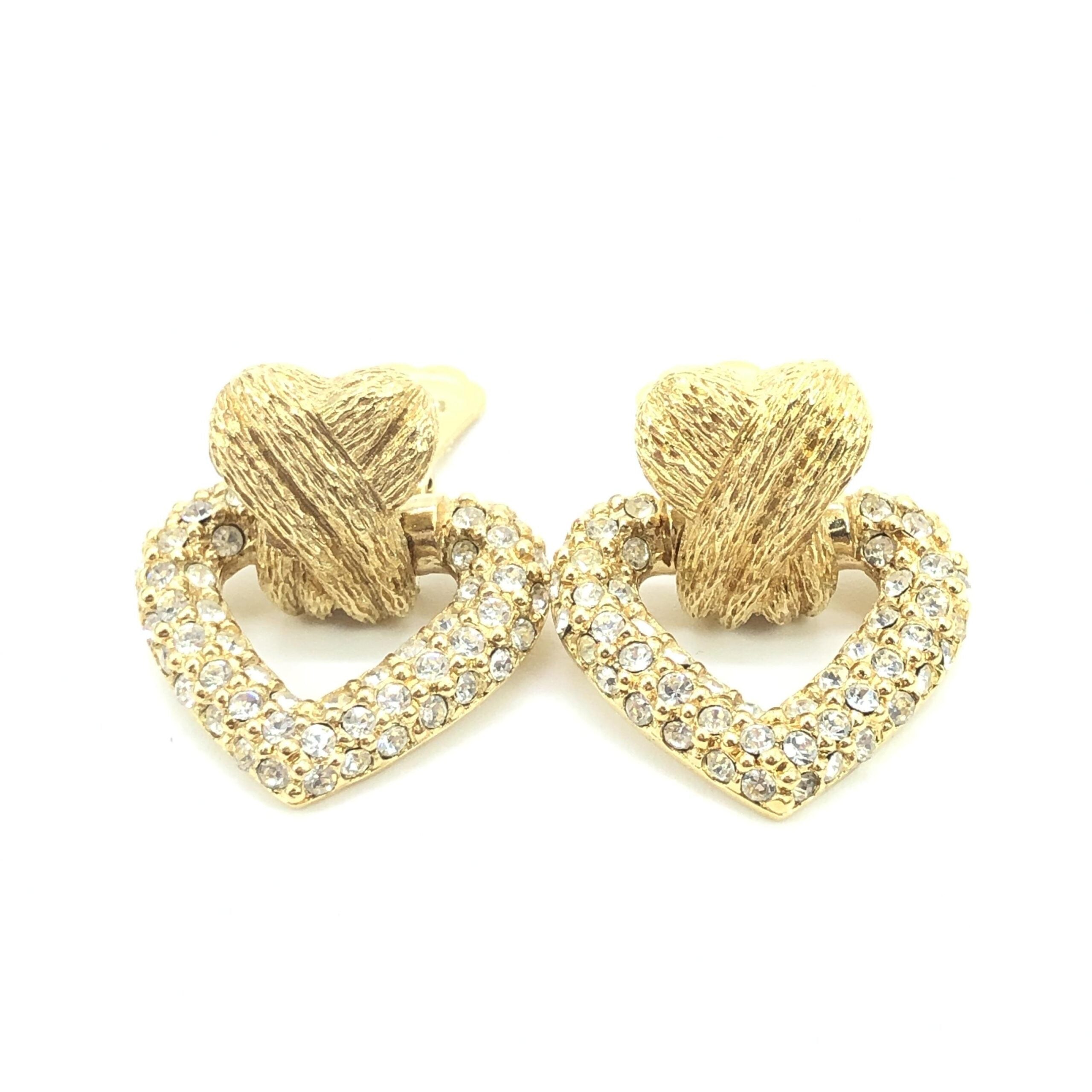 Christian Dior Gold Heart Earrings With Crystals