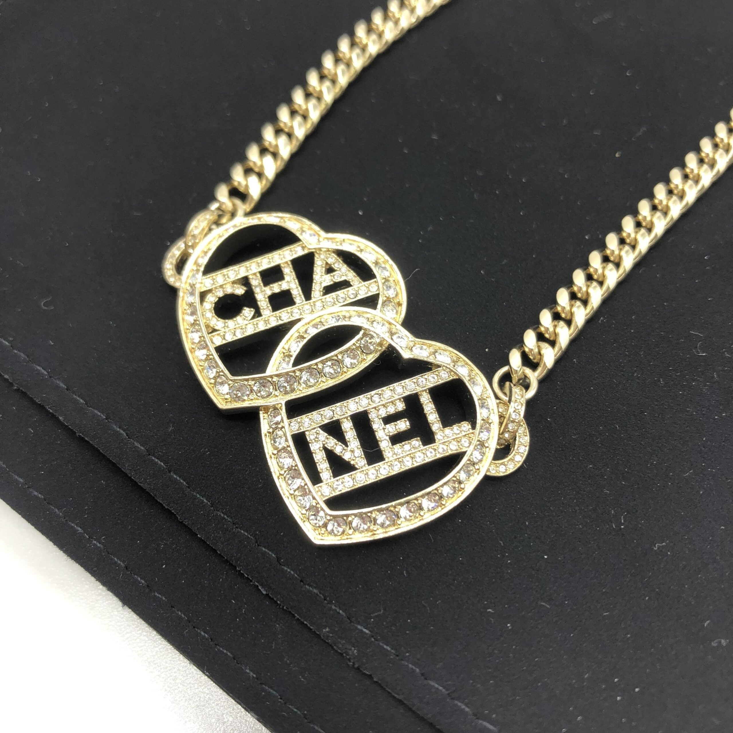 Chanel Gold Tone Heart Choker Necklace With Logo