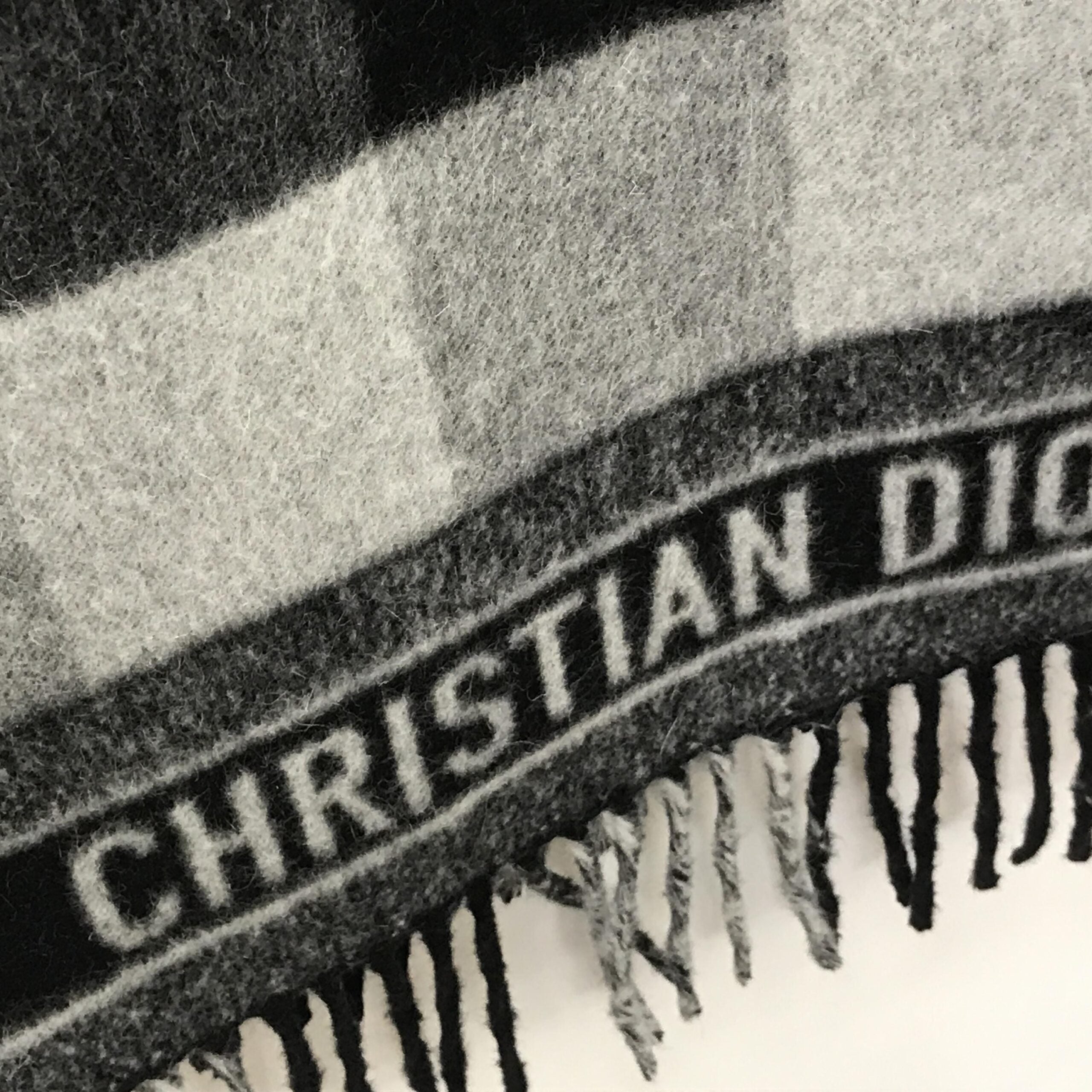 Christian Dior Gray Checkered Fringed Wool Scarf