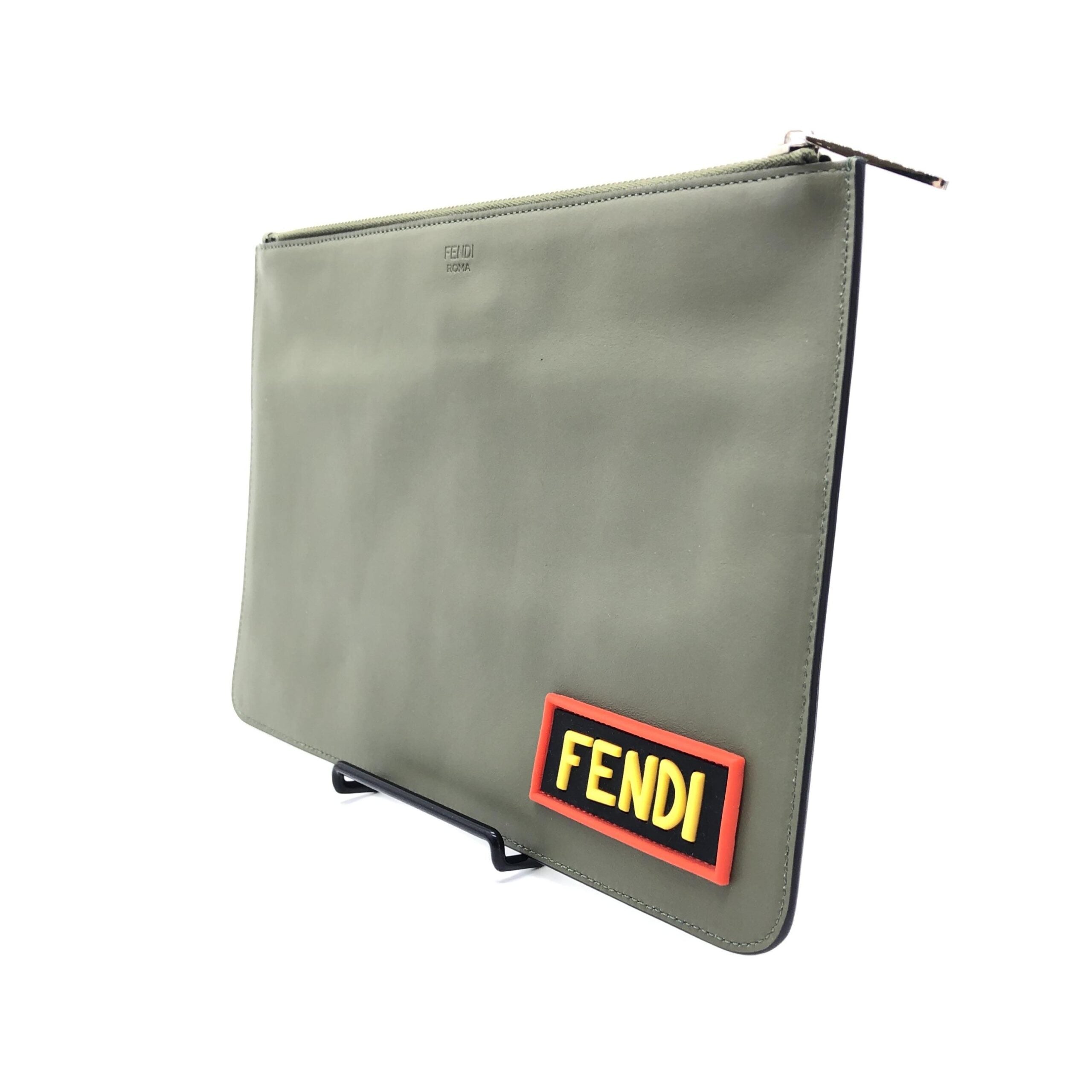 Fendi Moss Green Leather Clutch With Logo
