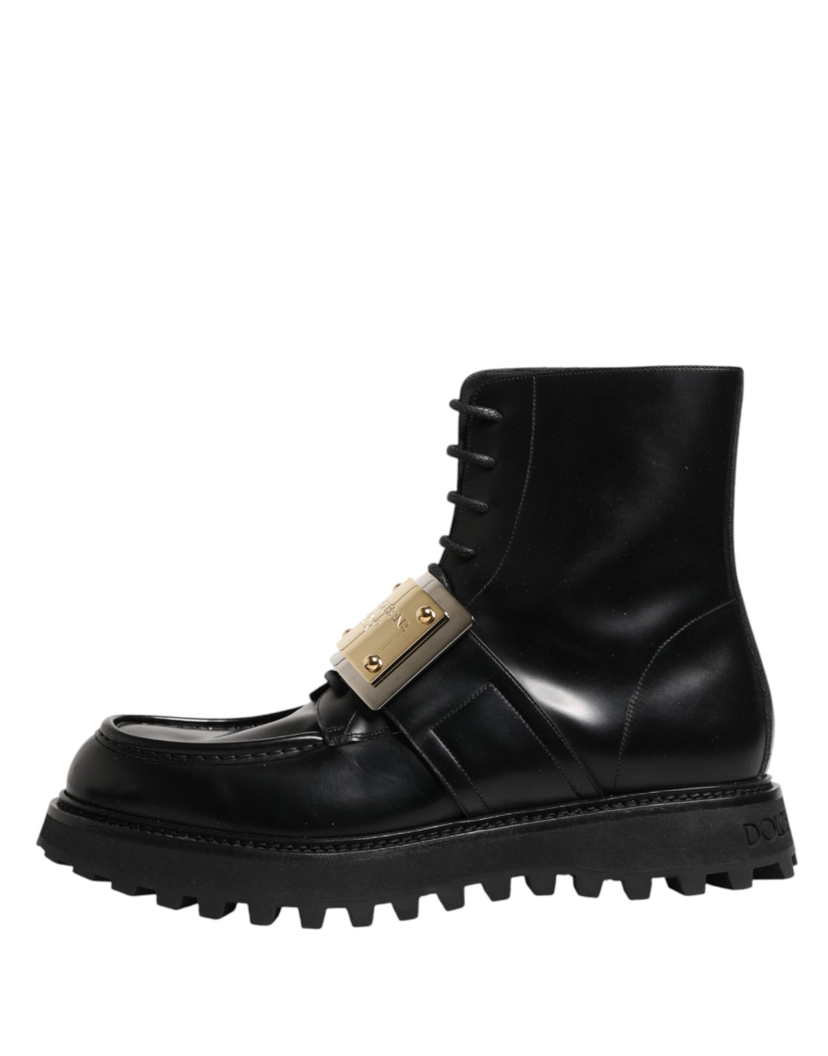 Elevate your style with Dolce & Gabbana's exquisite black leather DG plaque lace-up boots, a masterpiece of Italian craftsmanship that embodies timeless luxury and sophistication.