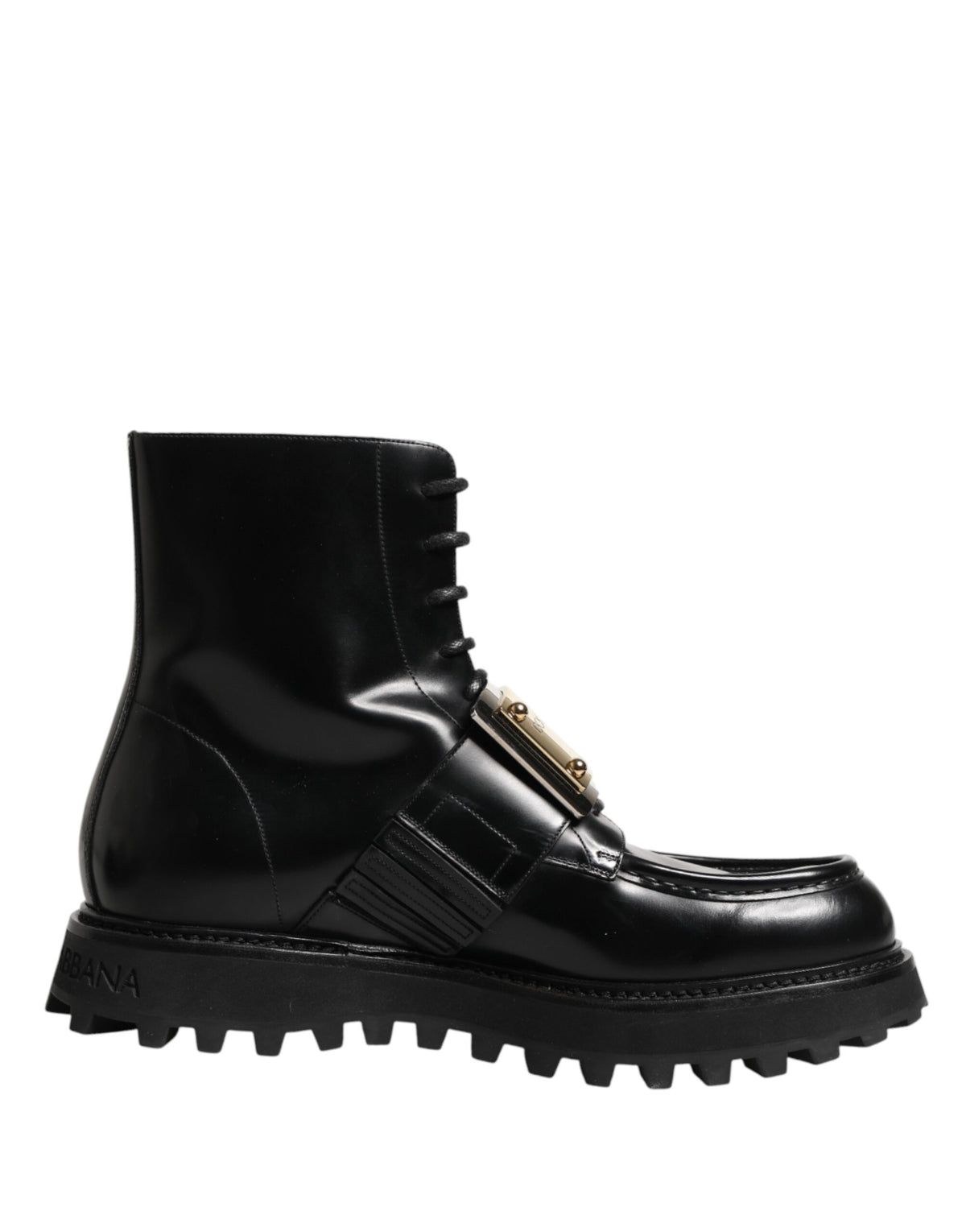 Elevate your style with Dolce & Gabbana's Black Leather DG Plaque Lace Up Boots, a masterpiece of Italian craftsmanship that embodies luxury and sophistication for every occasion.