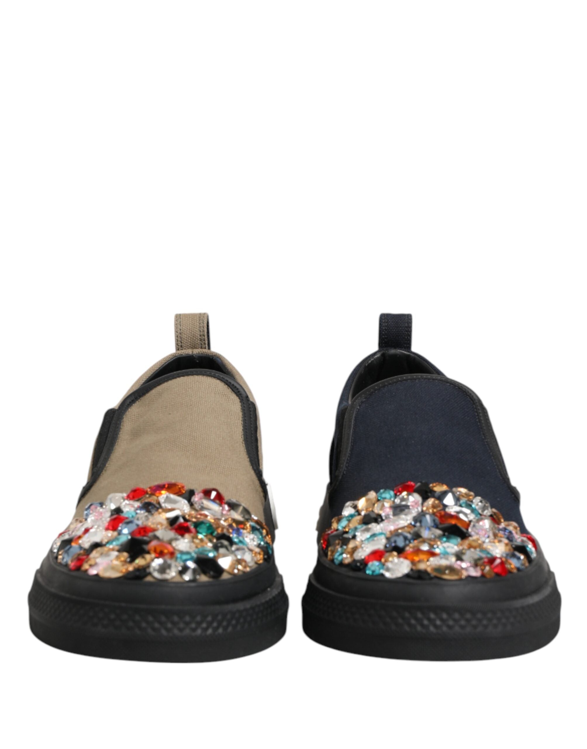 Elevate your style with Dolce & Gabbana's Blue Canvas Embellished Slip On Sneakers, where Italian craftsmanship meets opulent design for an exquisite statement.