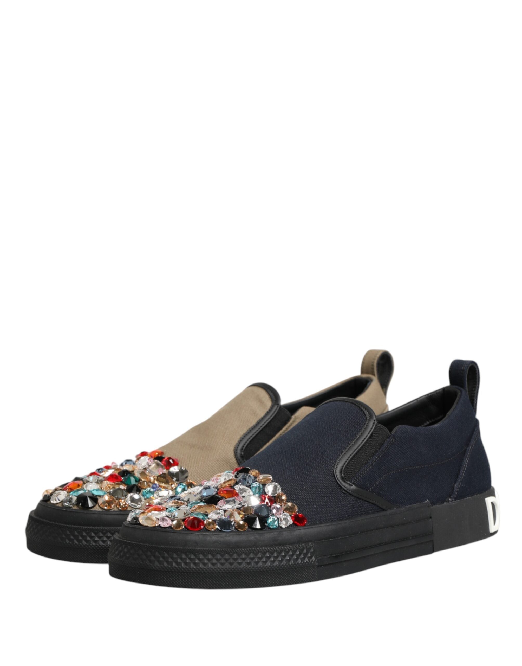 Elevate your style with Dolce & Gabbana's Blue Canvas Embellished Slip On Sneakers, where Italian craftsmanship meets opulent design, perfect for discerning fashion lovers.