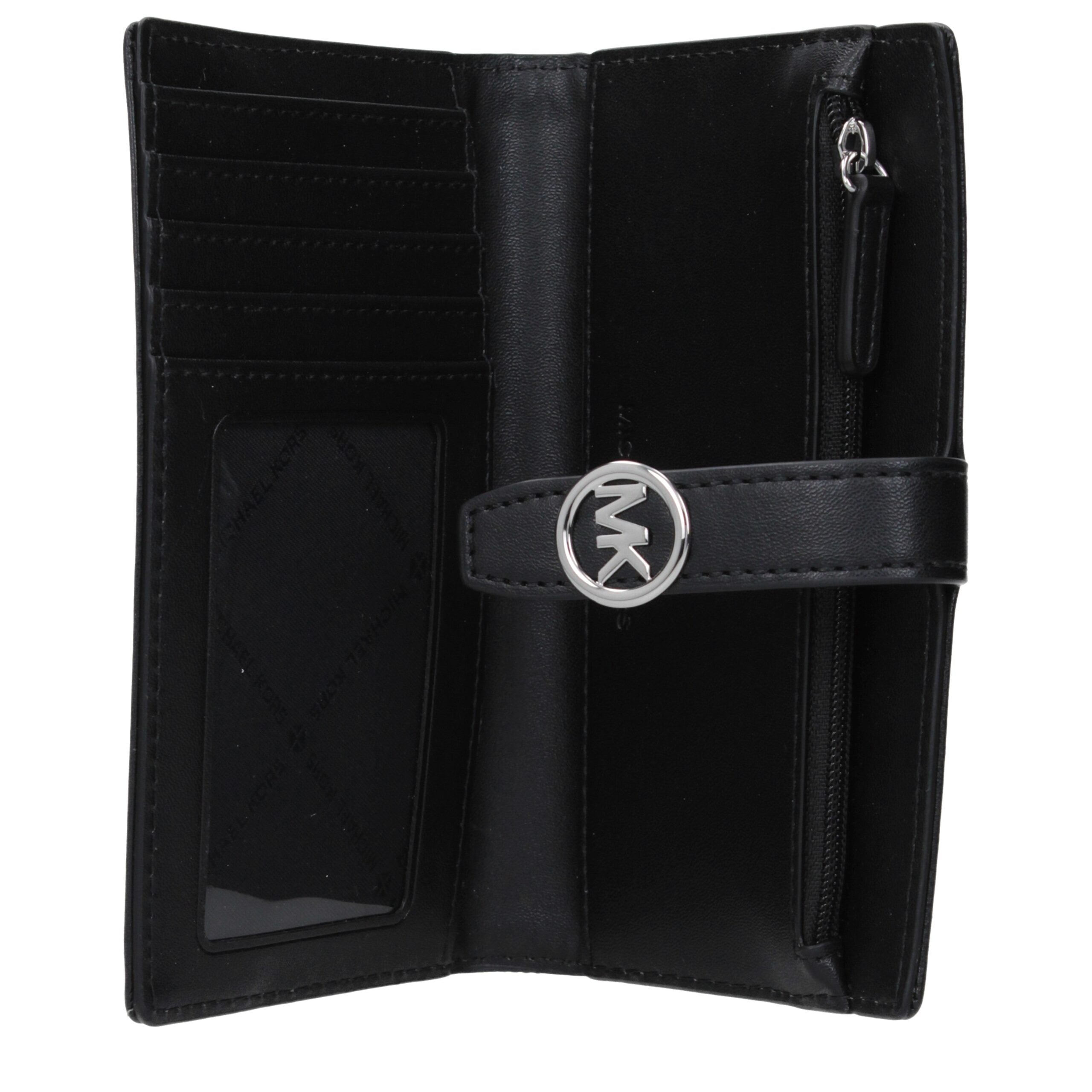 Elevate your elegance with the Michael Kors Black Fabric Wallet, a masterpiece of luxurious craftsmanship that seamlessly blends sophistication and practicality for the discerning individual.