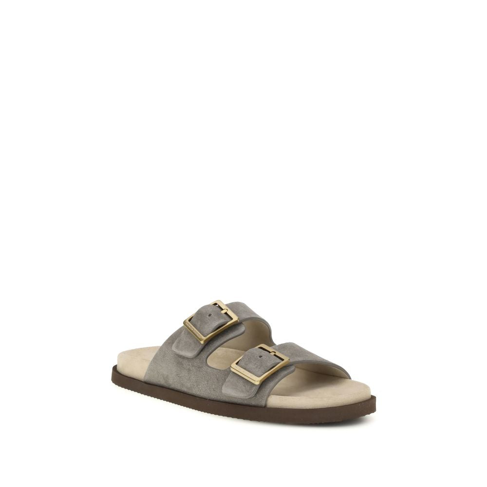 Brunello Cucinelli gray calf leather flat sandals front view