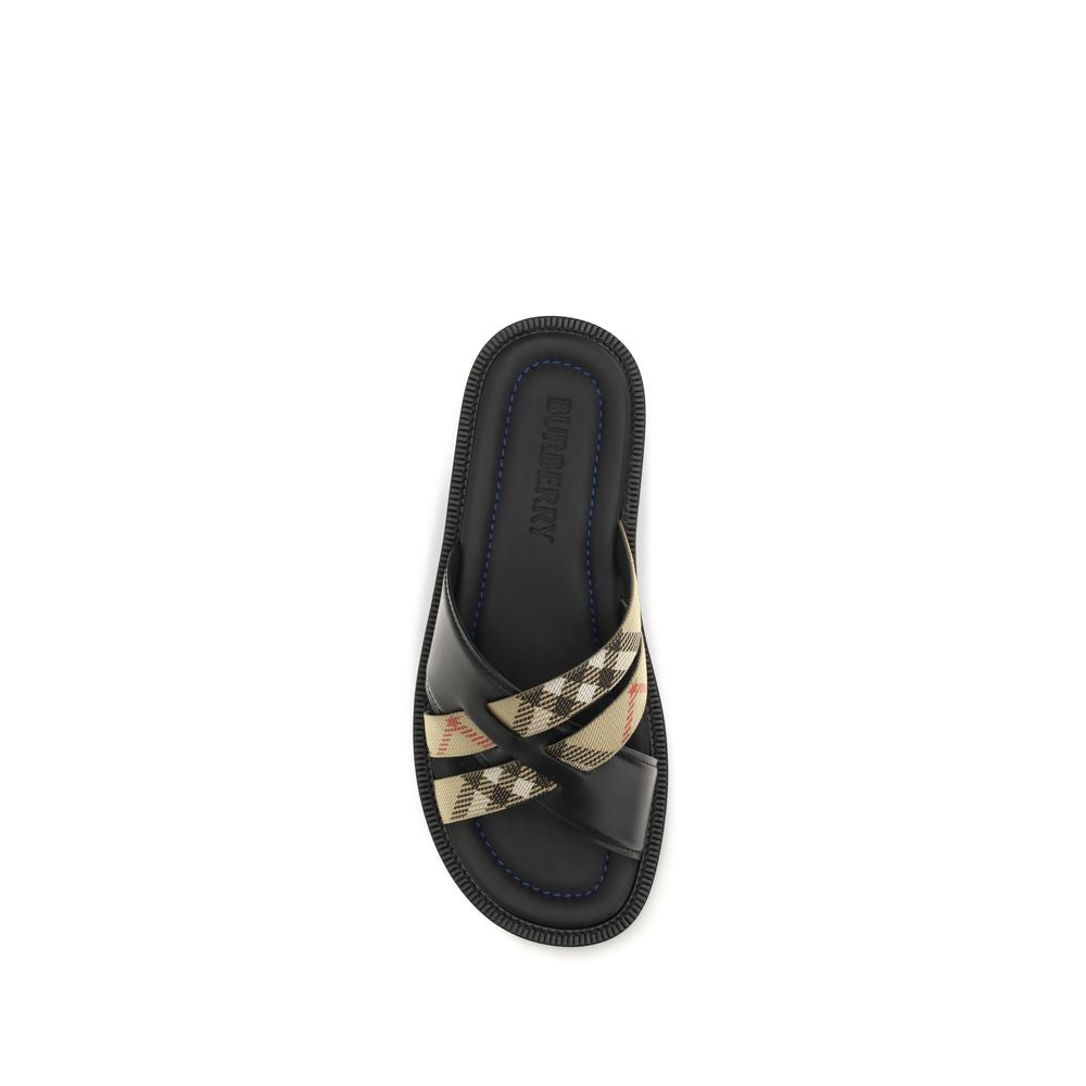 Indulge in the exquisite Burberry Black Calf Leather Bos Taurus Flat Sandals, where timeless craftsmanship meets sophisticated allure for the discerning connoisseur.