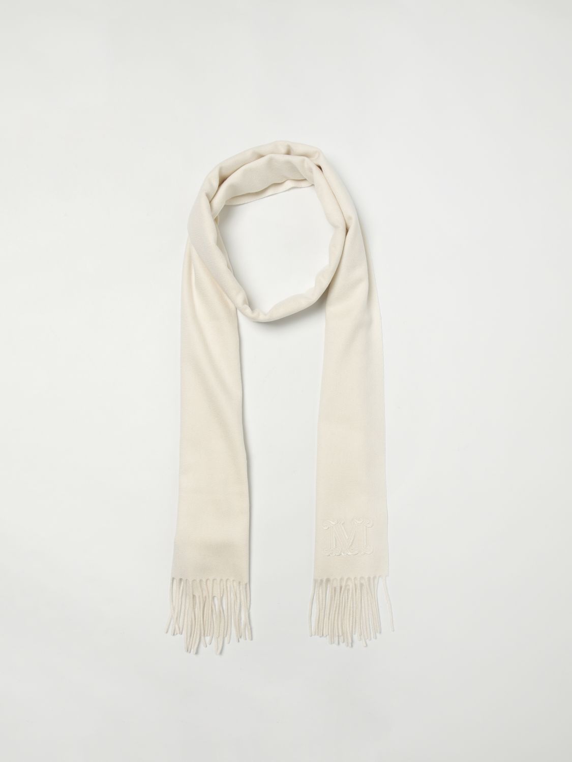 Experience the allure of the Max Mara White Cashmere Scarf, crafted from 100% cashmere, embodying timeless elegance and luxurious sophistication for every occasion.
