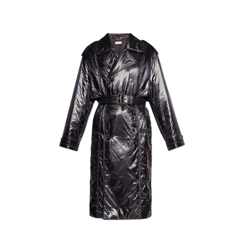 Indulge in the elegance of the Saint Laurent Black Polyamide Coat, a timeless masterpiece crafted in Italy, embodying luxury and sophistication for the discerning individual.