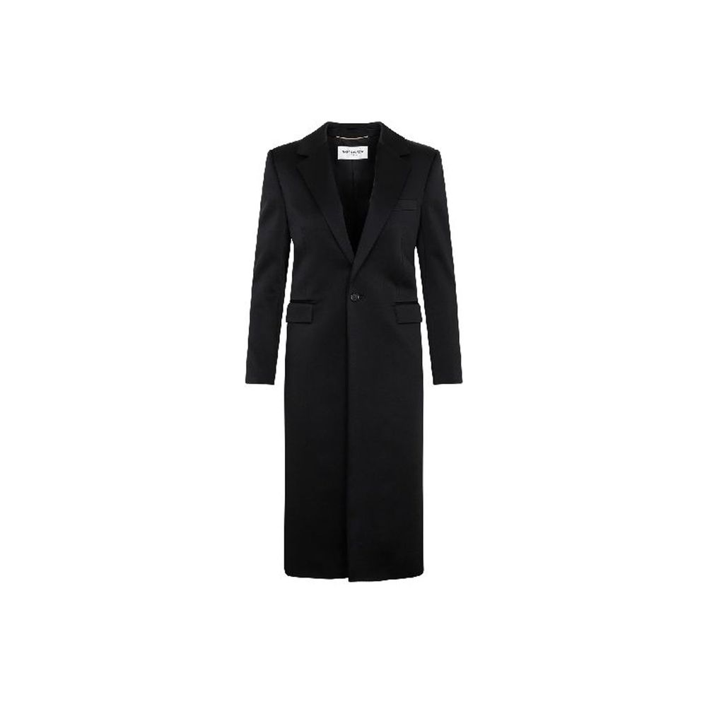 Experience the exquisite elegance of the Saint Laurent Black Acetate Coat, crafted in Italy from a luxurious blend of acetate and viscose, perfect for timeless sophistication.