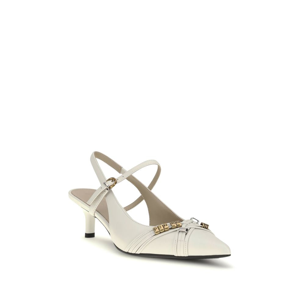 Indulge in the exquisite PINKO White Calf Leather Bos Taurus Mid Heel Pumps, where timeless elegance meets luxurious craftsmanship for the discerning individual.