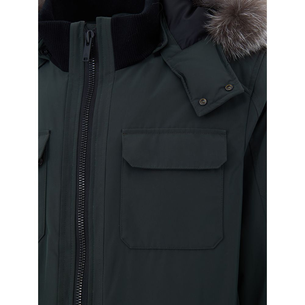 Indulge in the Moose Knuckles Green Nylon Parka, a luxurious blend of nylon and cotton with sumptuous fox fur, embodying exquisite craftsmanship and timeless elegance.