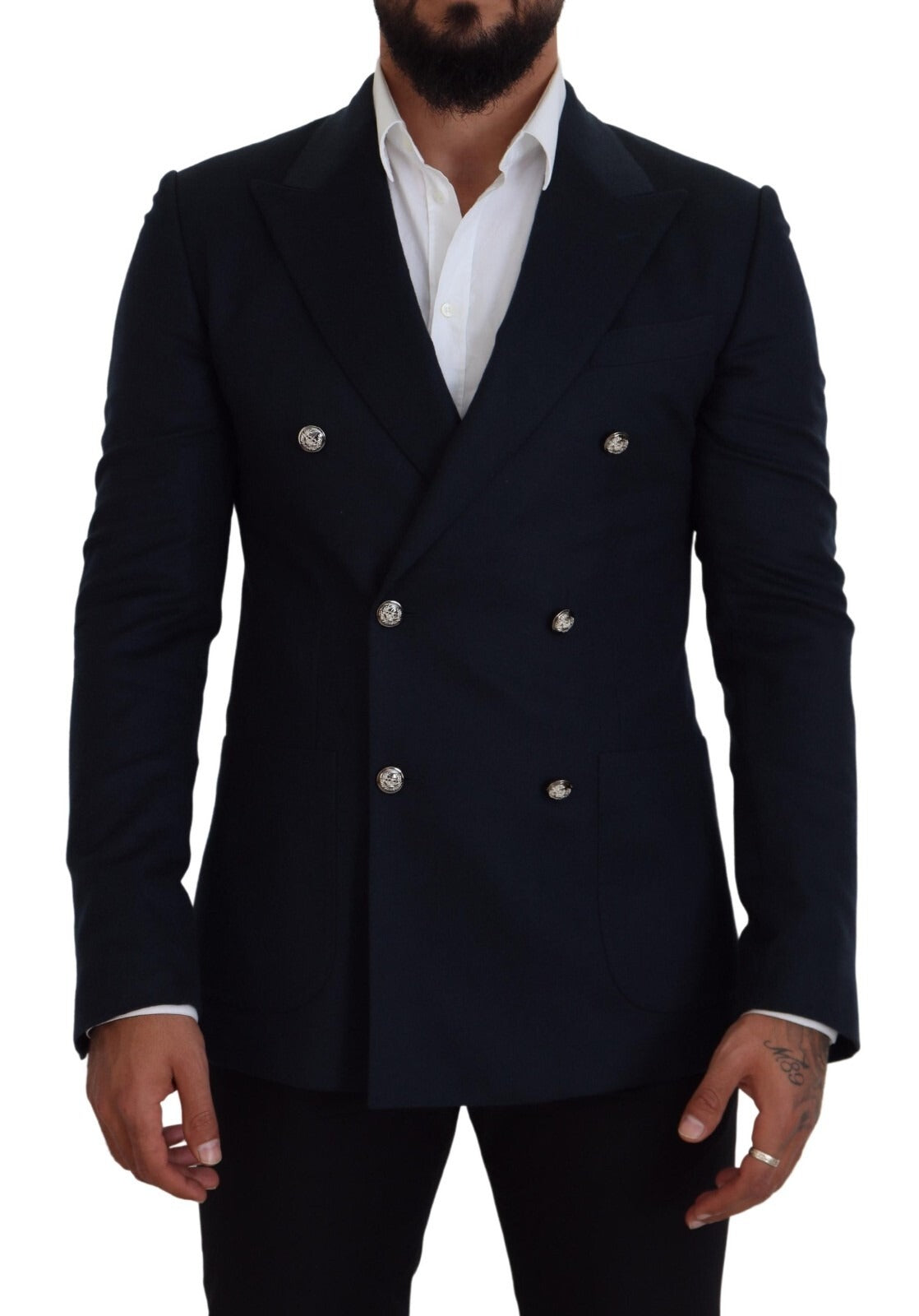 Indulge in the exquisite Dolce & Gabbana Blue Double Breasted Formal Coat Blazer, a masterpiece of cashmere and silk, embodying timeless elegance and unparalleled craftsmanship for the discerning individual.