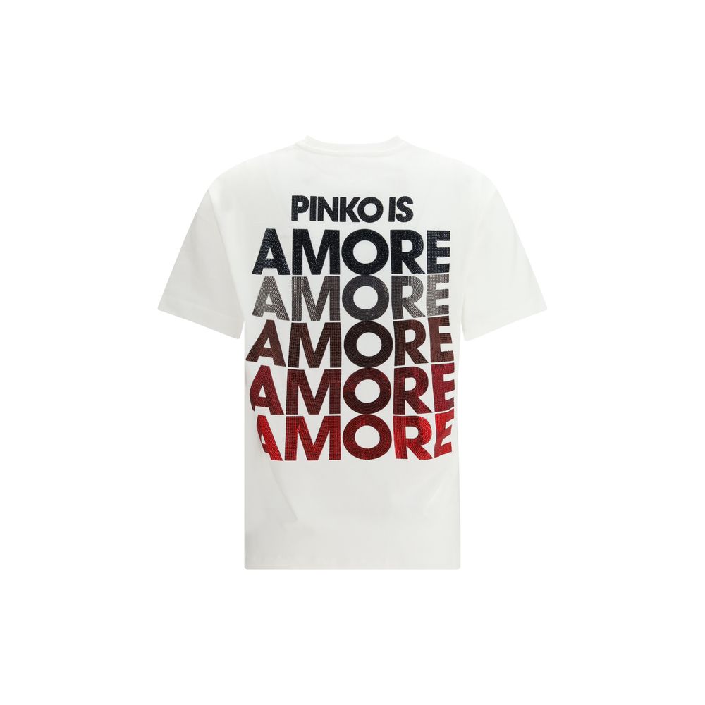 Elevate your wardrobe with the PINKO Strepitoso T-shirt, a luxurious 100% cotton piece adorned with rhinestones and an inspiring AMORE detail, perfect for the discerning individual.