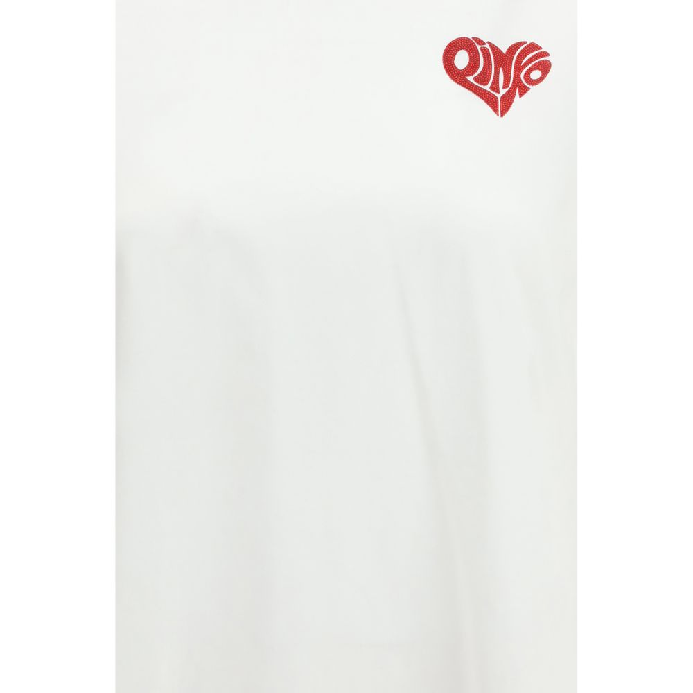 Elevate your wardrobe with the PINKO Strepitoso T-shirt, crafted from 100% cotton, featuring exquisite rhinestone embellishments and a timeless AMORE detail for a touch of sophistication.