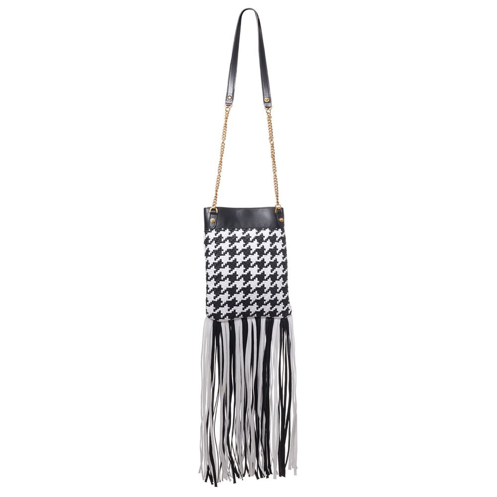Indulge in the Versace Black And White Leather And Textile Shoulder Bag, a masterpiece of Italian craftsmanship that embodies elegance and versatility for the discerning connoisseur.