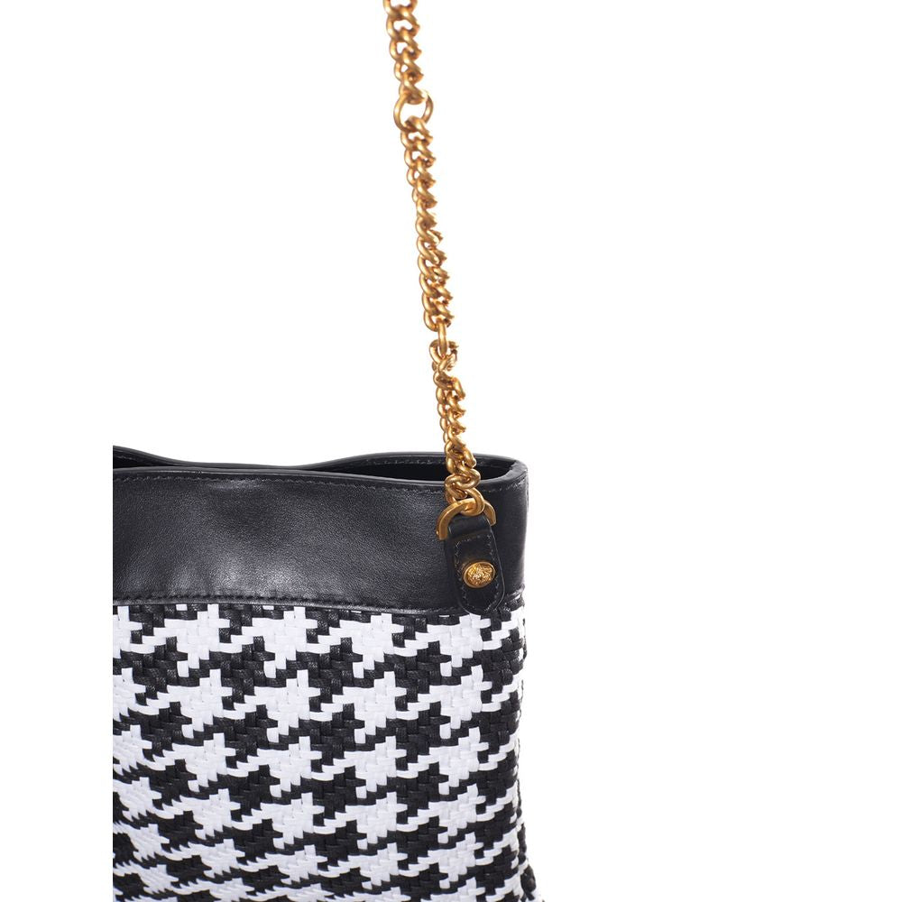 Indulge in the Versace Black And White Leather And Textile Shoulder Bag, a masterpiece of Italian craftsmanship that exudes opulence and timeless elegance for every occasion.