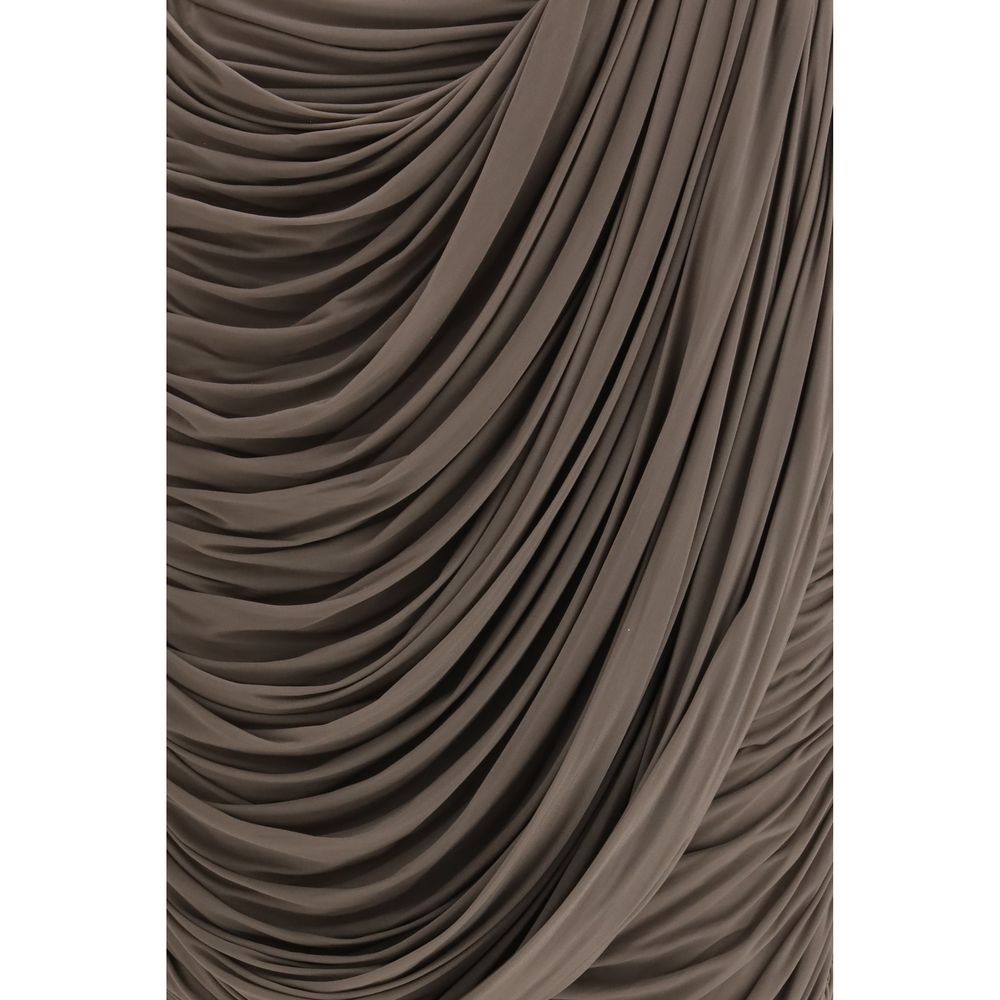 Experience the exquisite allure of the Magda Butrym Brown Copper Midi Skirt, crafted from luxurious silk blend, embodying sophisticated draping for the modern muse.