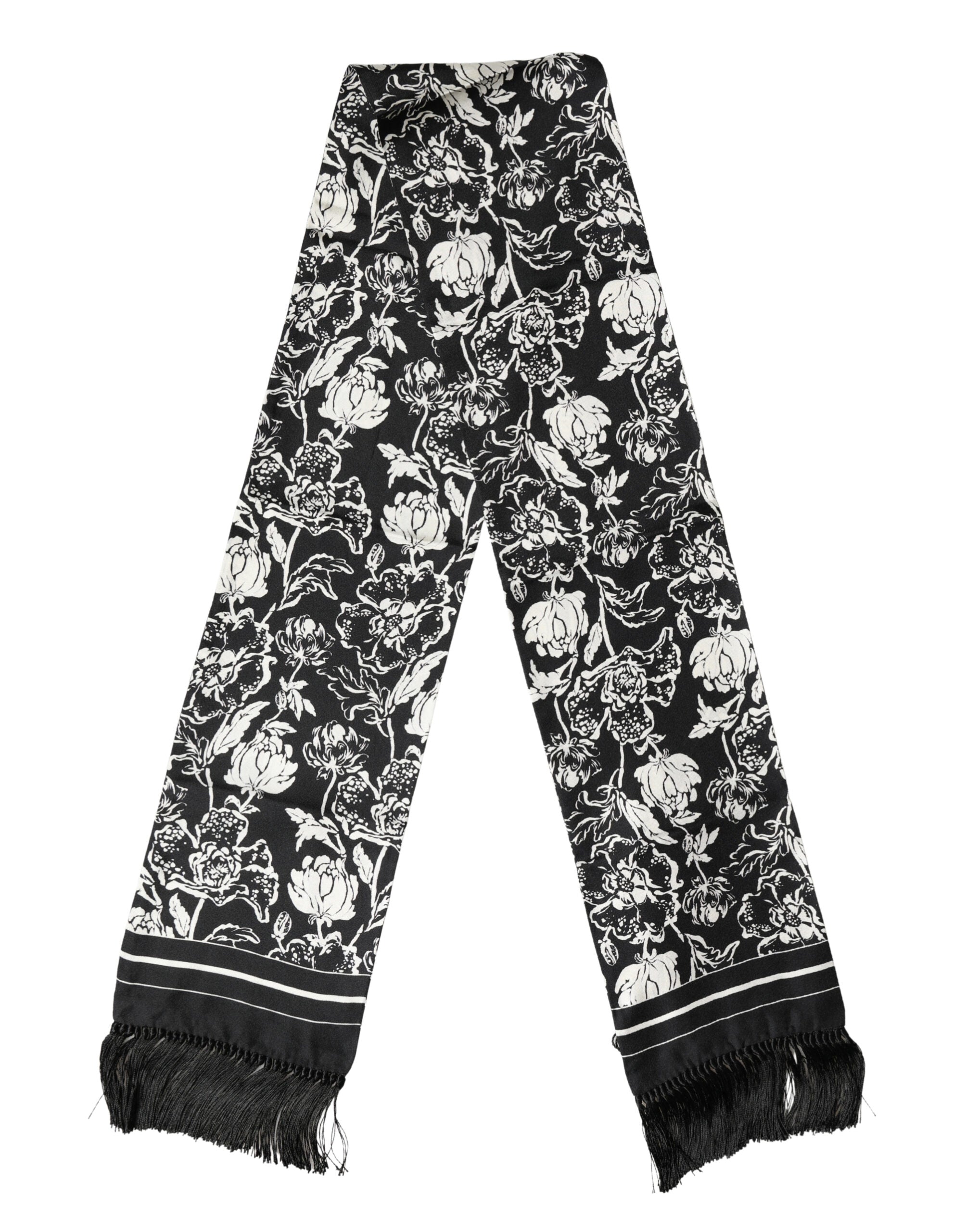 Dolce & Gabbana Black White Silk Floral Print Fringe 136cm X 15.5cm Scarf