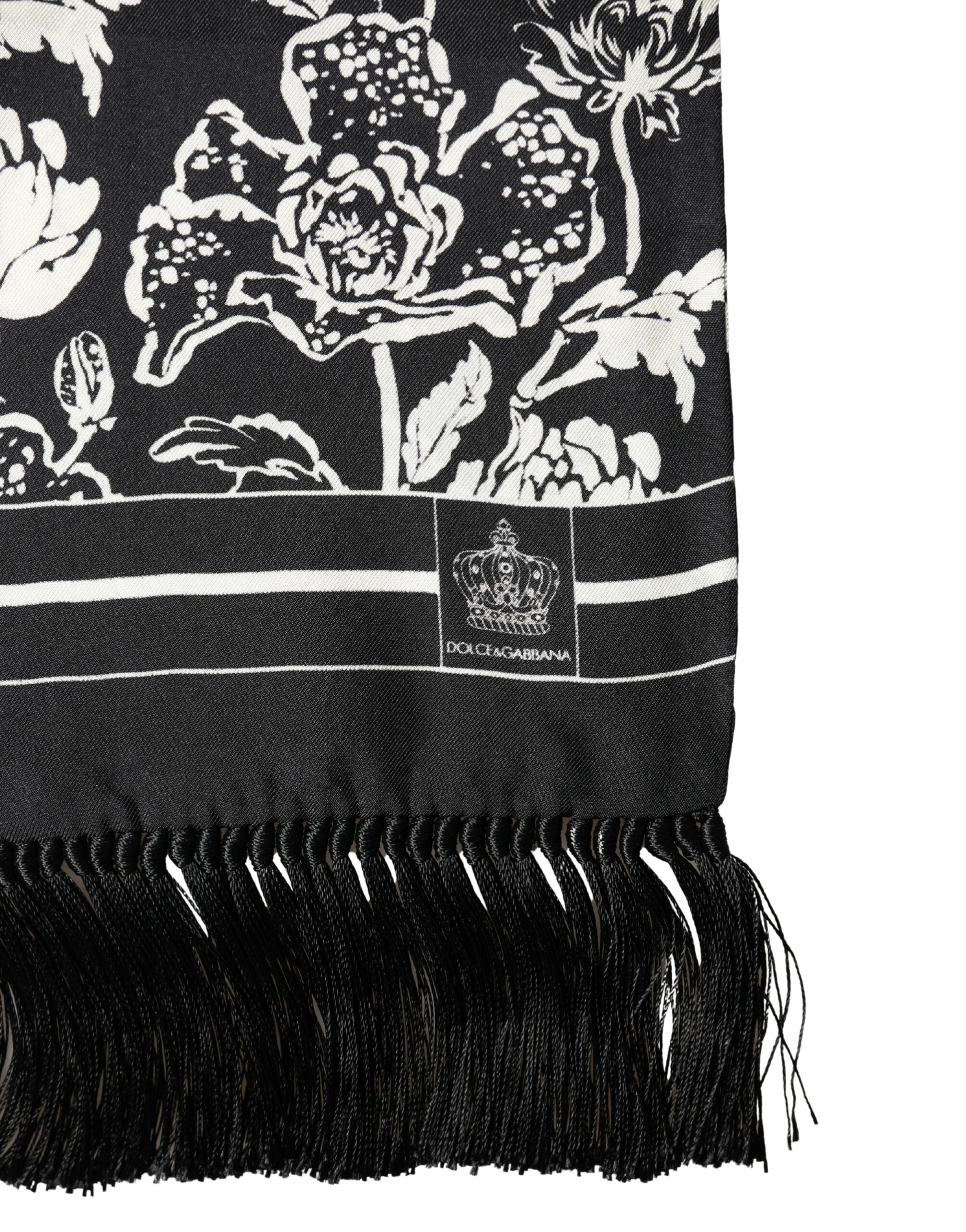 Dolce & Gabbana Black White Silk Floral Print Fringe 136cm X 15.5cm Scarf