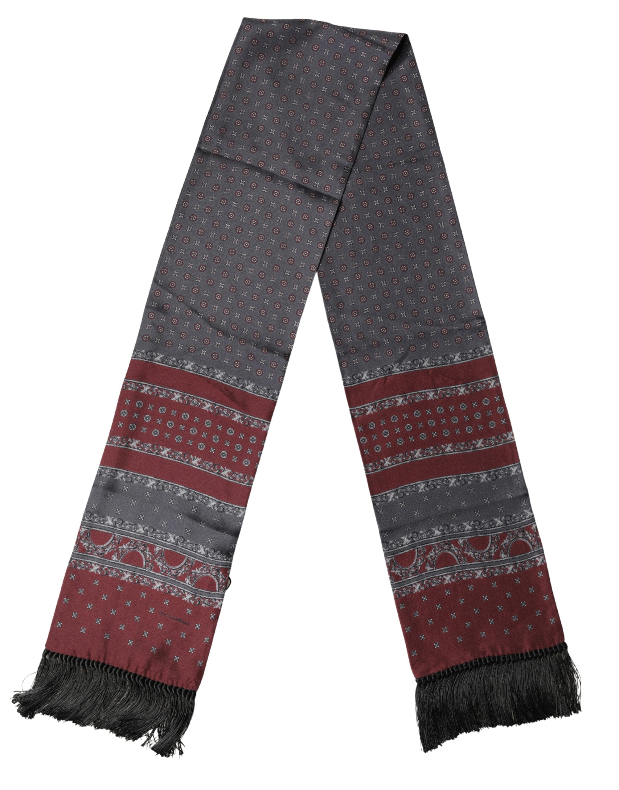 Dolce & Gabbana Burgundy Gray Patterned Fringe Foulard 141cm X 15.5cm Scarf