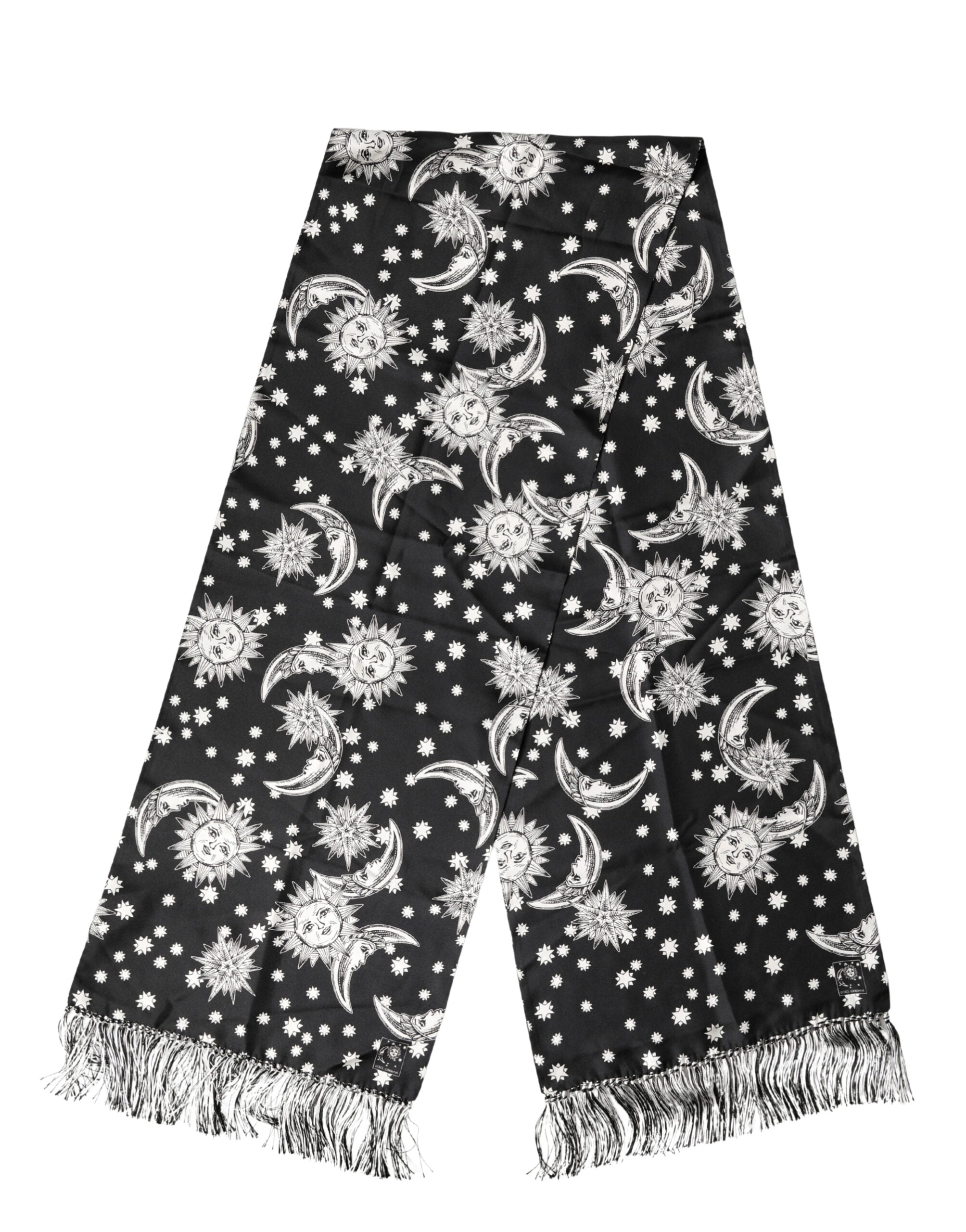 Dolce & Gabbana Black Silk Sun Moon Star Fringe Foulard 178cm X 33cm Scarf