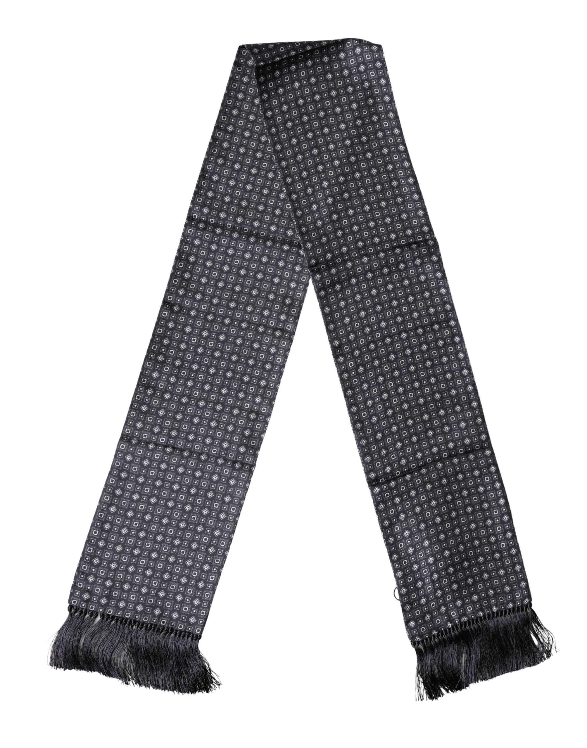 Dolce & Gabbana Black Silk Geometric Fringe Wrap Foulard 136cm X 15cm Scarf