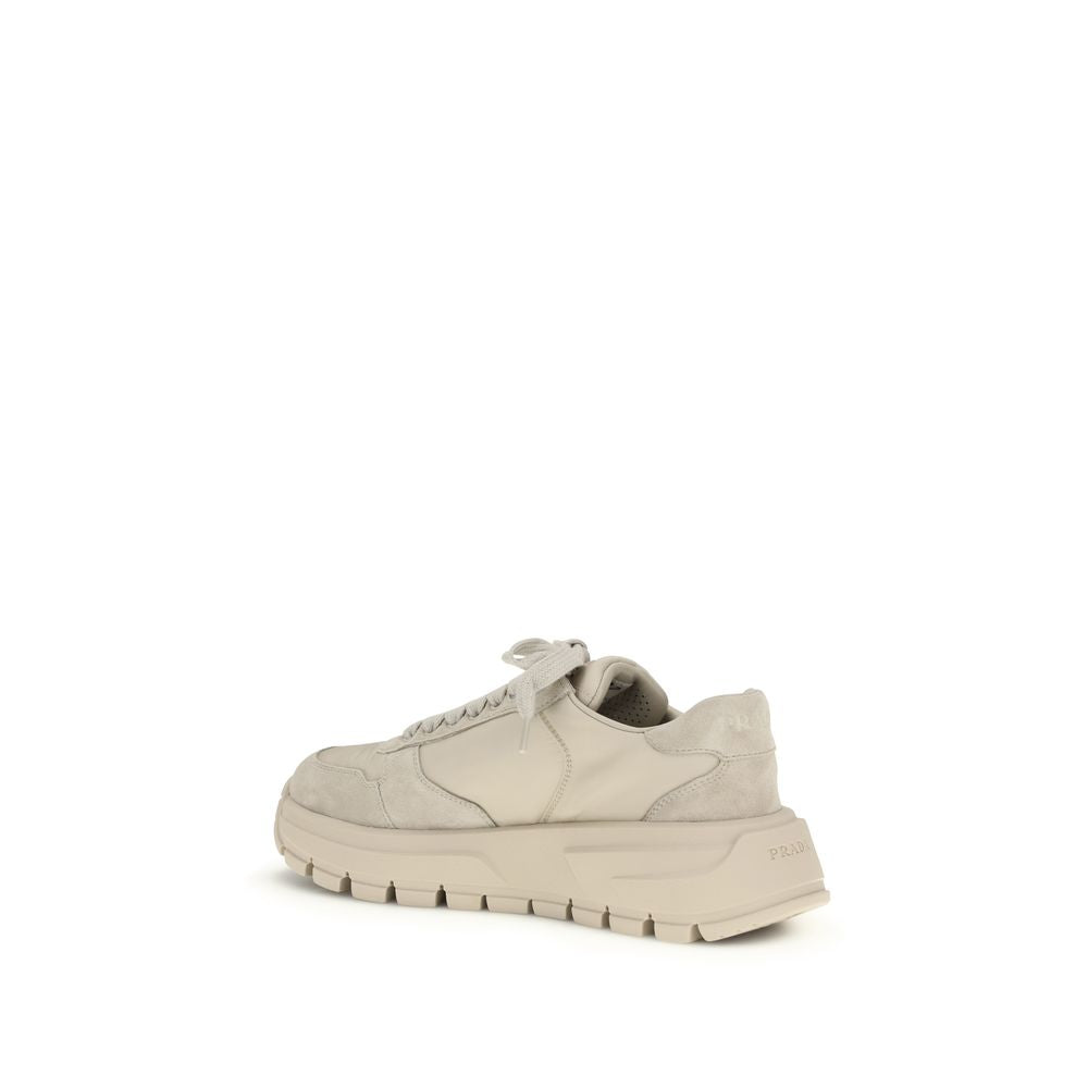 Elevate your style with Prada Beige Calf Leather Bos Taurus Athletic Sneakers, where exquisite craftsmanship meets contemporary elegance for the discerning individual.