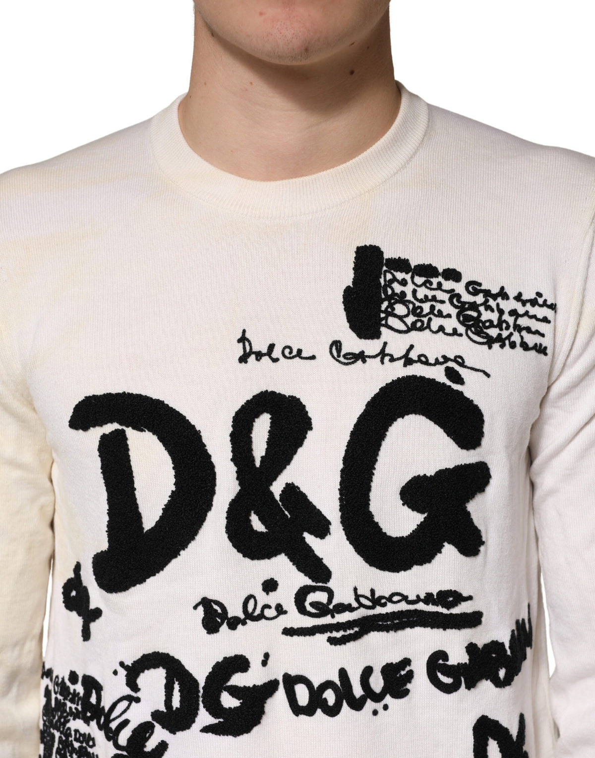 Dolce & Gabbana White Virgin Wool Graphic Logo Sweater