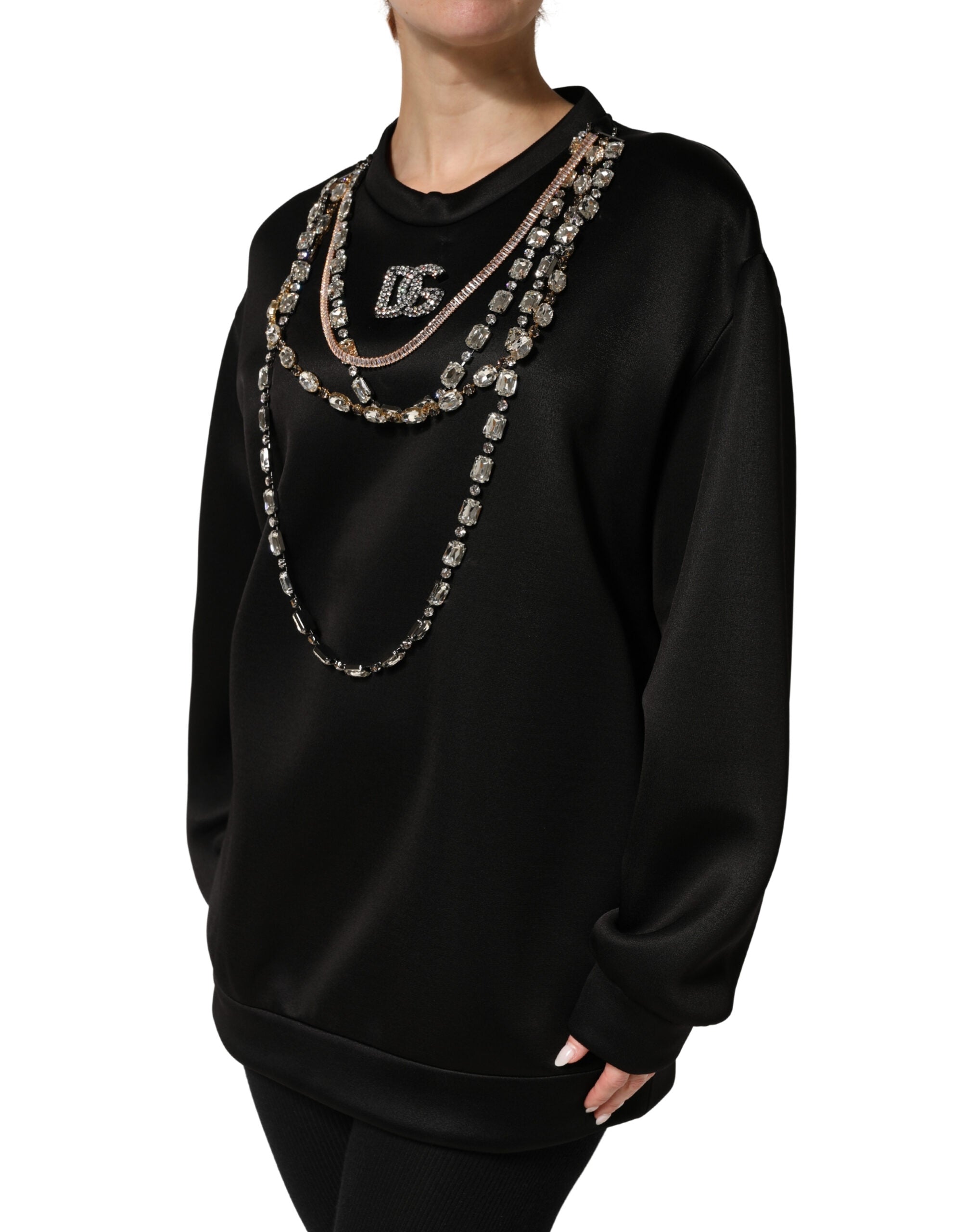 Dolce & Gabbana Black Embellished Logo Crystal Sweatshirt Couture
