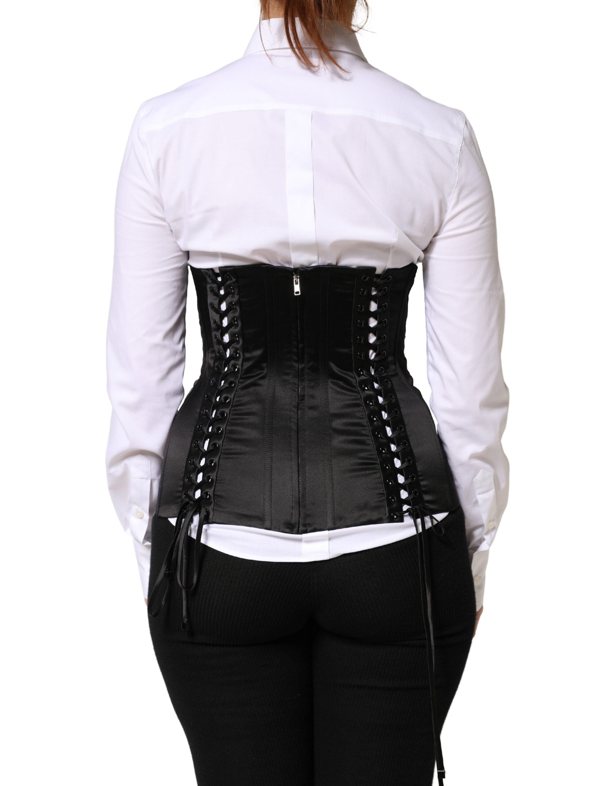 Dolce & Gabbana Black Silk Lace-Up Waist Cincher Corset Top