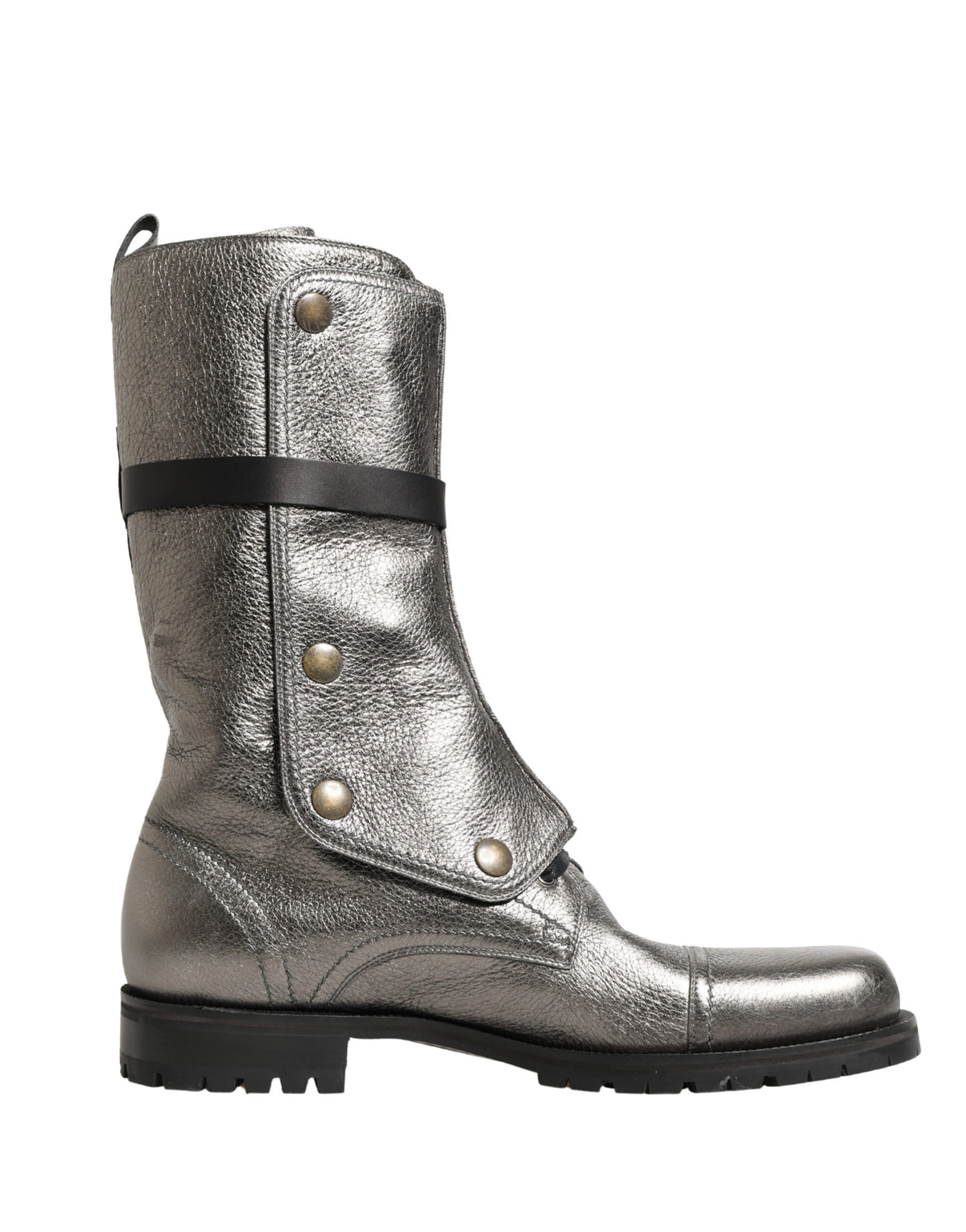 Step into the realm of luxury with Dolce & Gabbana's Metallic Leather Buckle Combat Boots, where exquisite Italian craftsmanship meets bold elegance for a timeless statement.